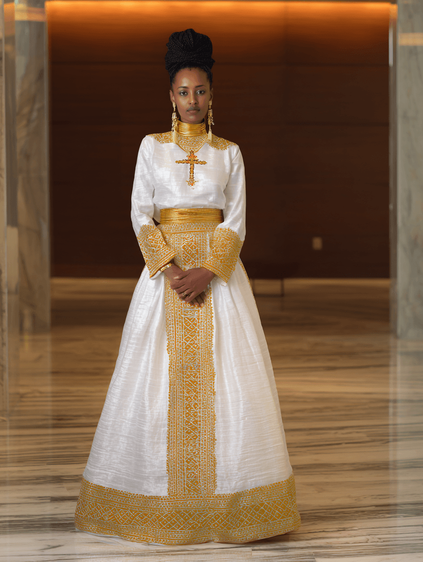 Ethiopian bride in full length white habesha kemis with gold tilet panel and tibeb borders, braided updo, gold cross pendant, standing in modern hotel lobby with marble floors