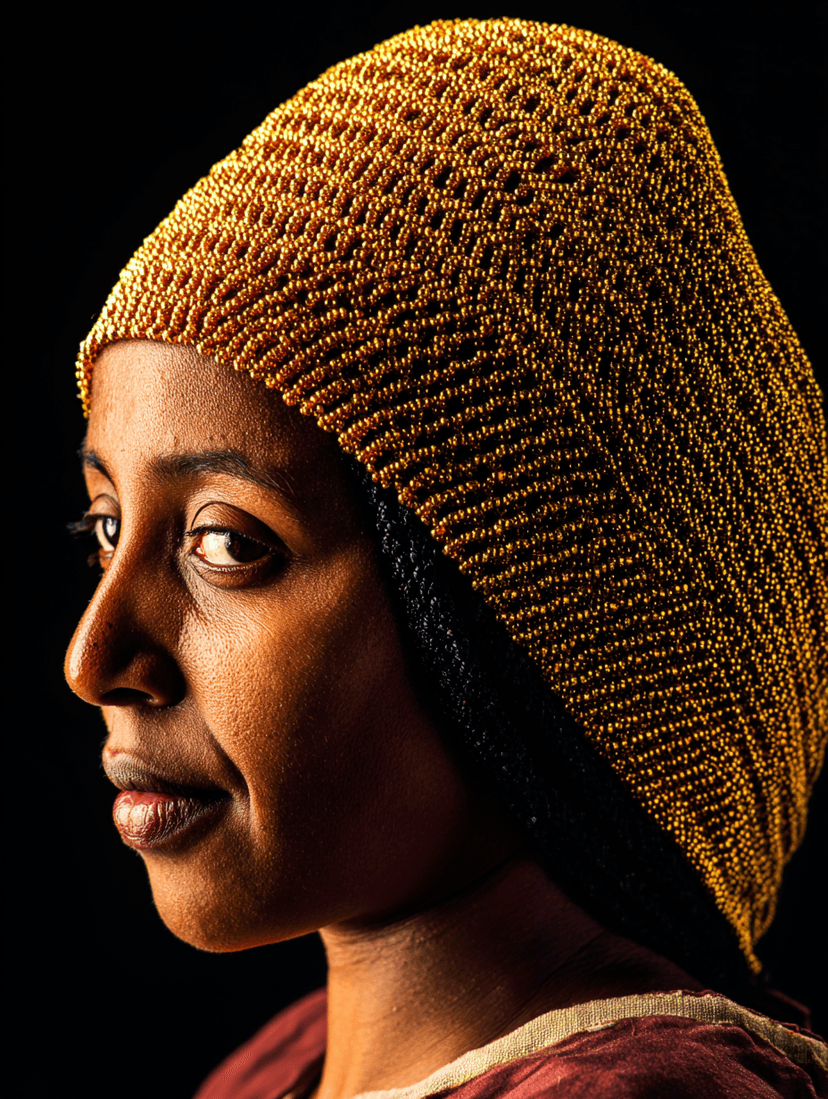 Close-up portrait of Ethiopian Harari woman wearing a traditional beaded shash head covering with intricate colourful beadwork and gold accents