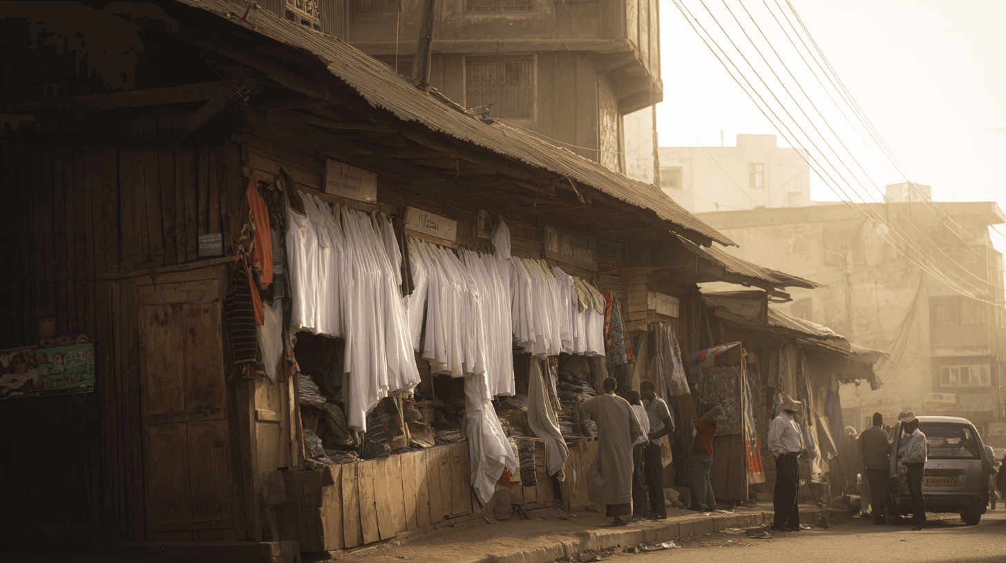 Shiro Meda fabric market Addis Ababa with white kemis hanging from wooden storefronts at golden hour