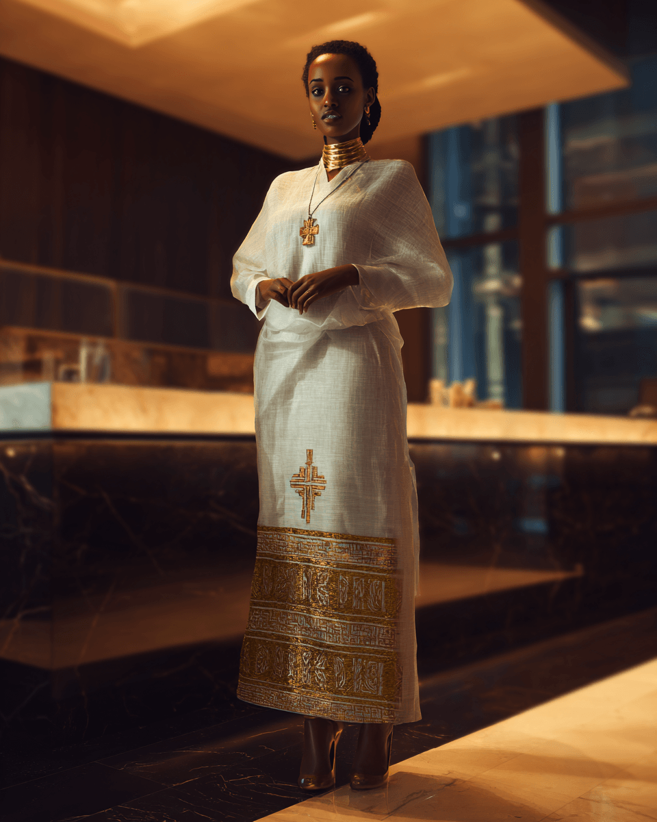 Ethiopian bride in white kemis with gold cross embroidery and Lalibela cross pendant