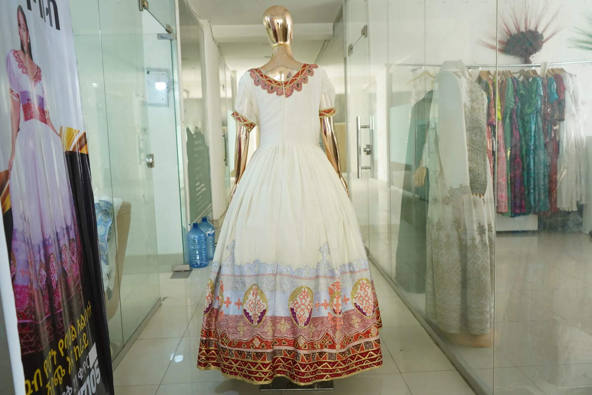 Premium White Habesha Kemis with Silver Tibeb, Menen, fabric, Back — Zufan Tibeb