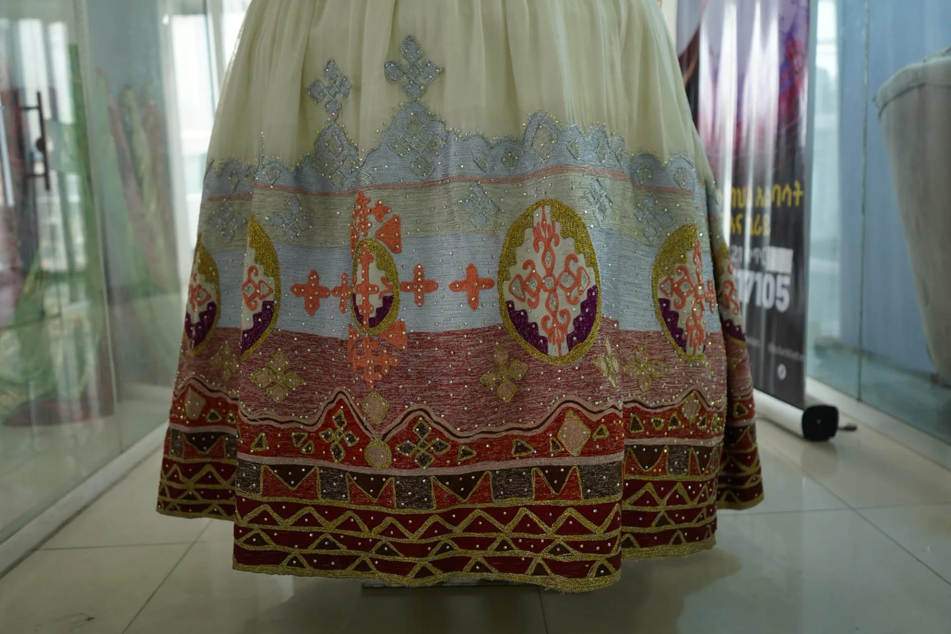 Premium White Habesha Kemis with Silver Tibeb, Menen, fabric, Detail — Zufan Tibeb