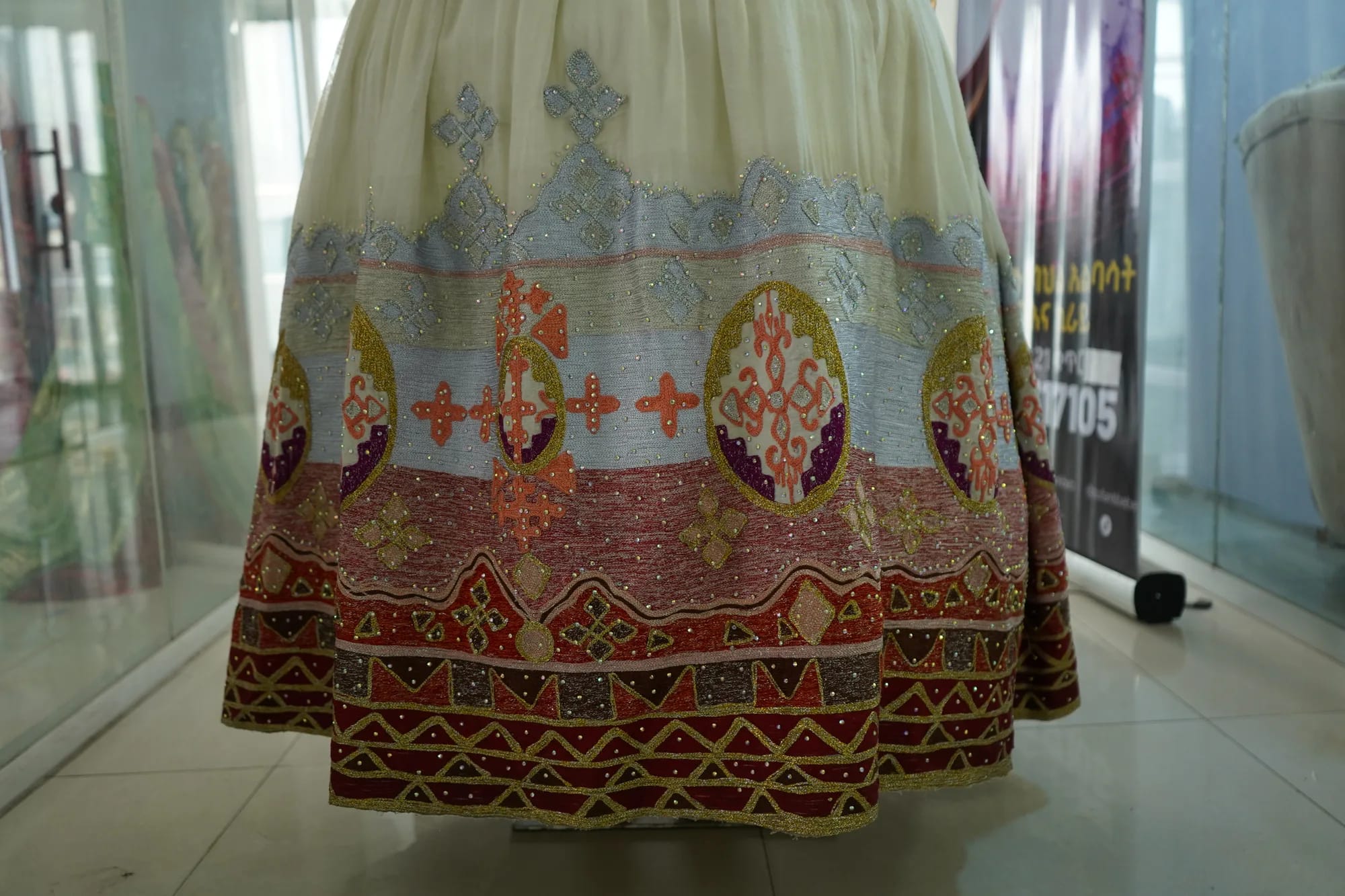 Premium White Habesha Kemis with Silver Tibeb, Menen, fabric, Detail — Zufan Tibeb
