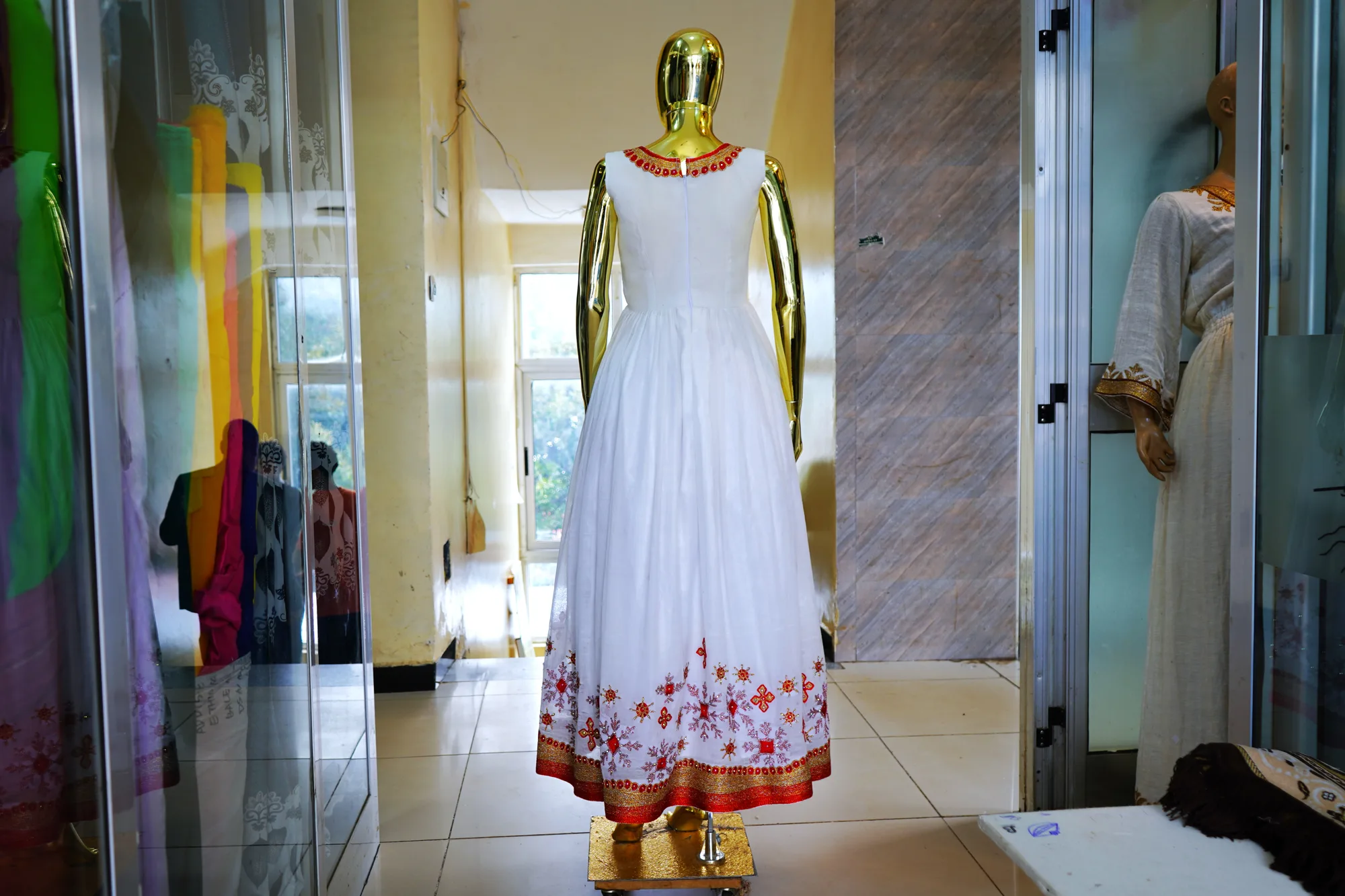 Hand woven habesha kemis with gold tibeb, Hand made cotton fabric, Back — Zeyn Kemis