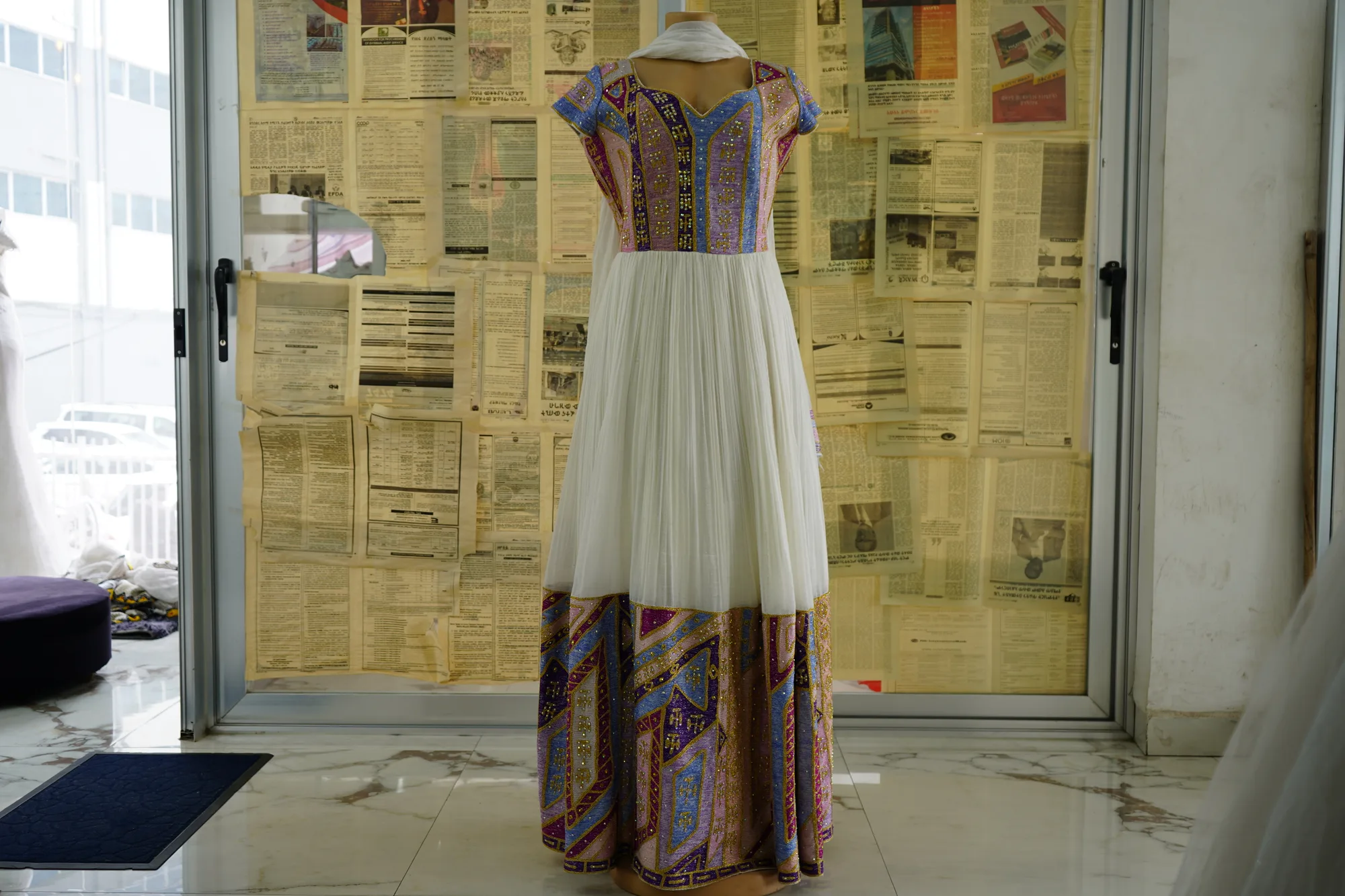 Ethiopian Traditional Women's Formal Dress with Matching Shawl