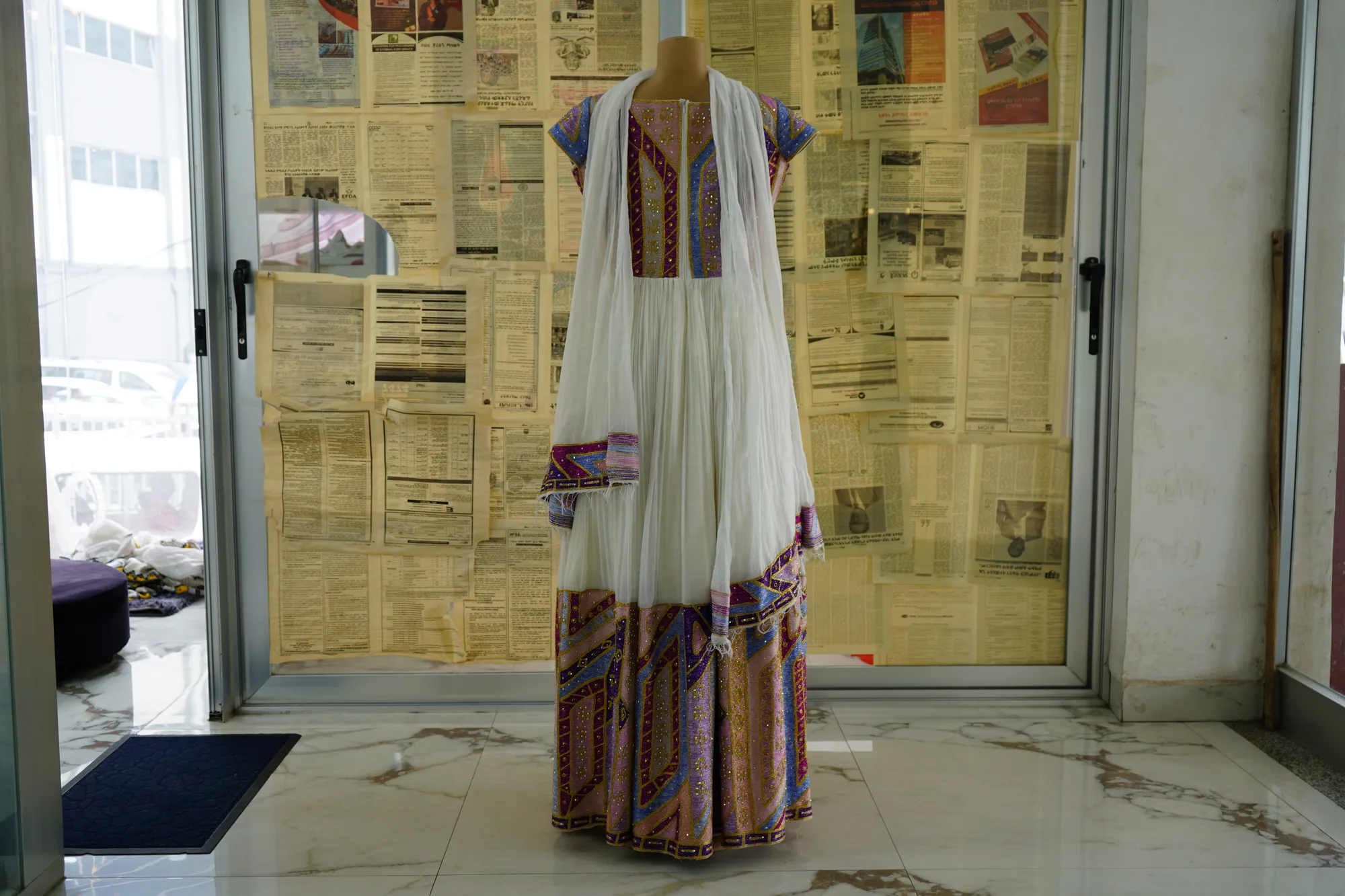 Ethiopian Traditional Women's Formal Dress with Matching Shawl, Habesha Kemis, Back — Nadis Bridal Zone & Habesh Dress Sell & Rent