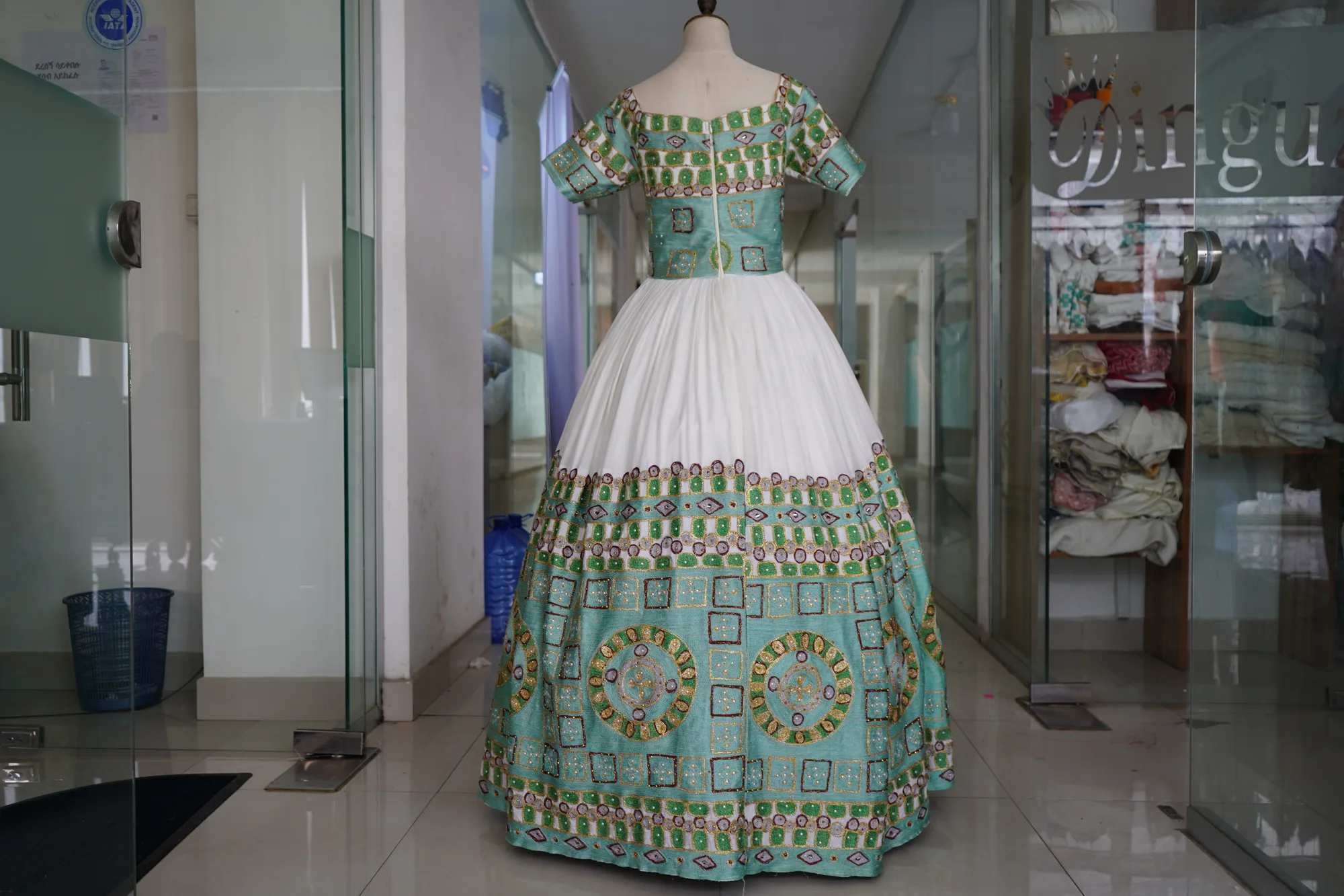 Traditional Ethiopian Women's Habesha Dress with Purple Woven Design, Habesha Kemis, Back — Dinguza