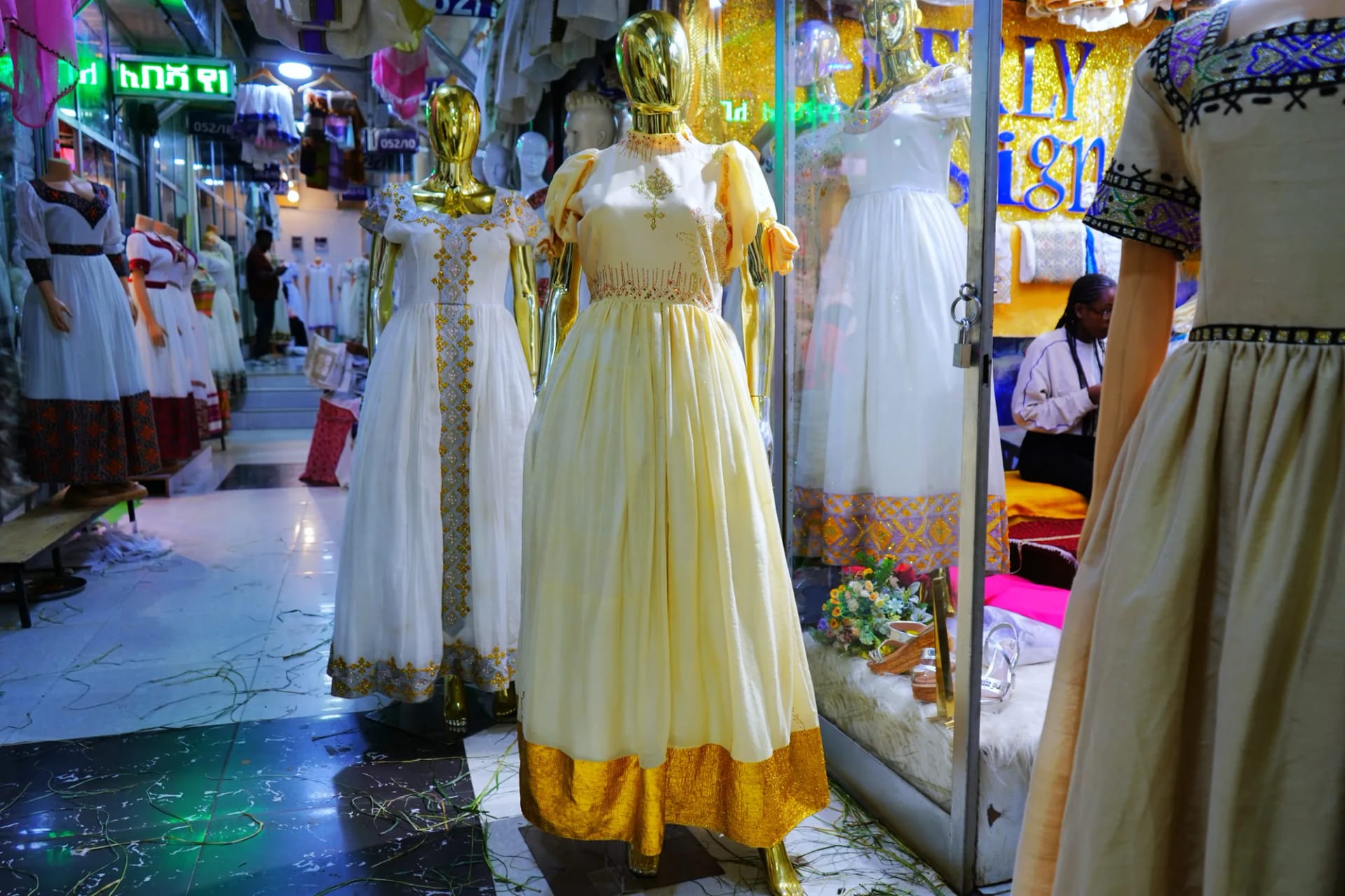 Handwoven White Habesha Kemis with Colorful Tibeb, Menen fabric, Front — Merly design