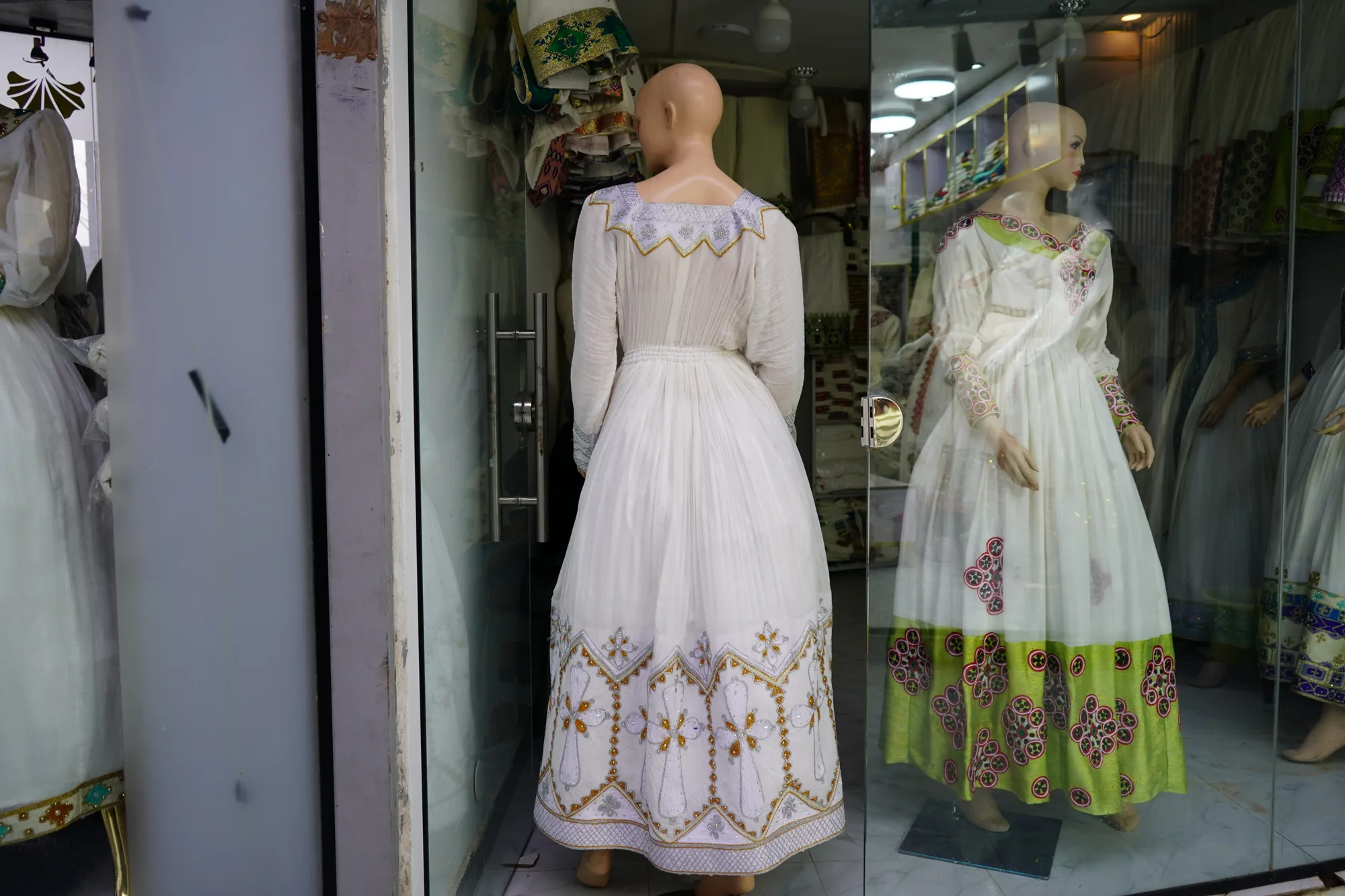 Traditional Ethiopian Cultural Dress Collection, Habesha Kemis, Menen fabric, Back — Hagerin Enalbis/ Nilu tibeb