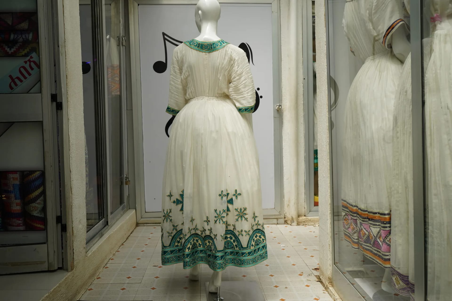 White Cotton Habesha Kemis with Colorful Tibeb, Menen, Saba kir fabric, Back — Tem Habesha