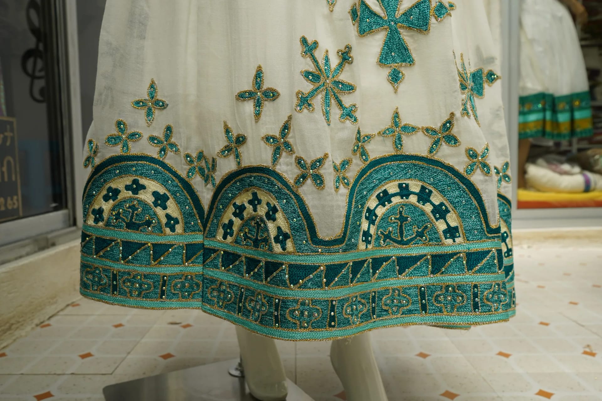 White Cotton Habesha Kemis with Colorful Tibeb, Menen, Saba kir fabric, Detail — Tem Habesha
