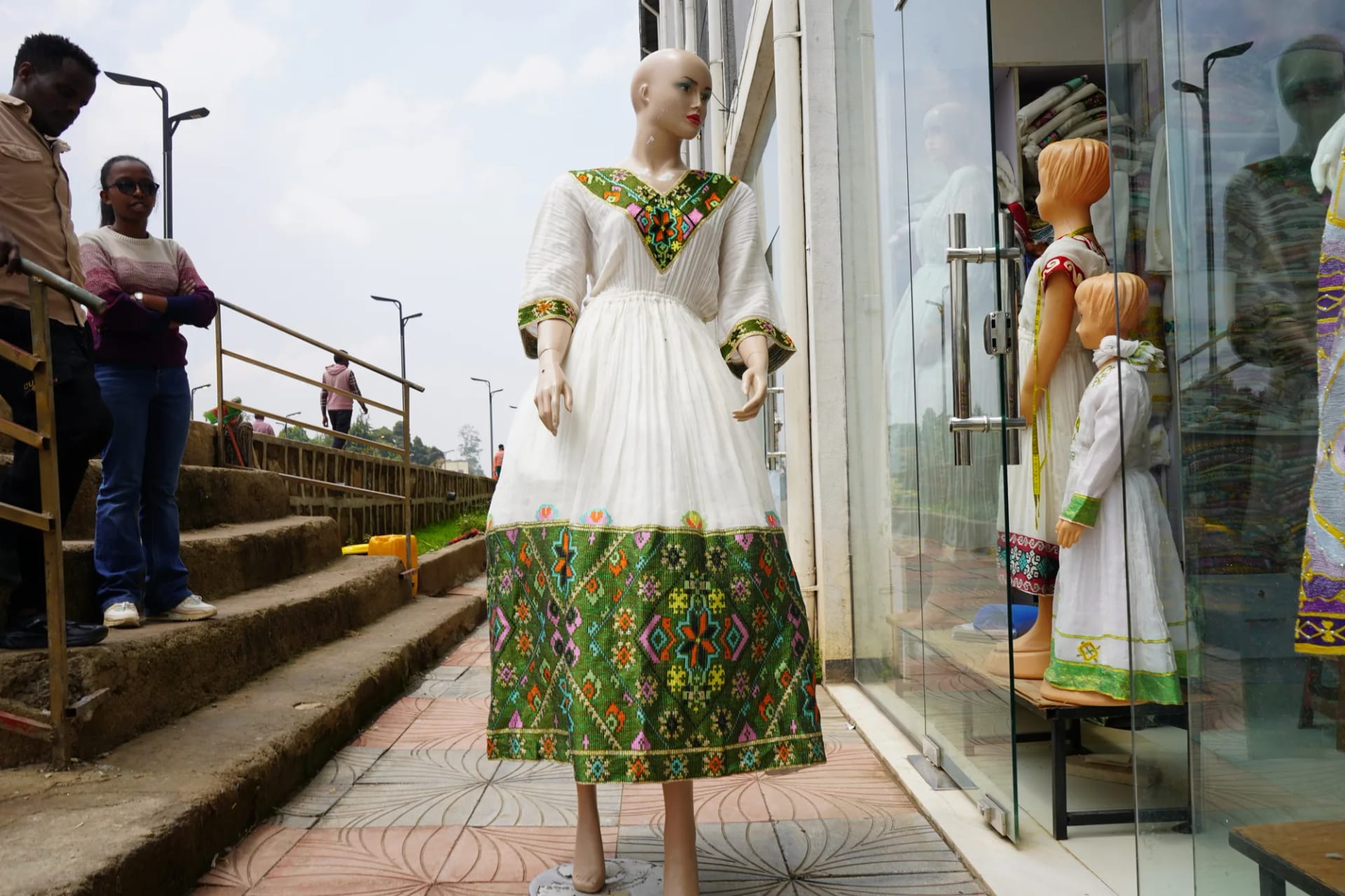 Traditional White Habesha Kemis with Gold Embroidery, Front — Tesfu Tibeb