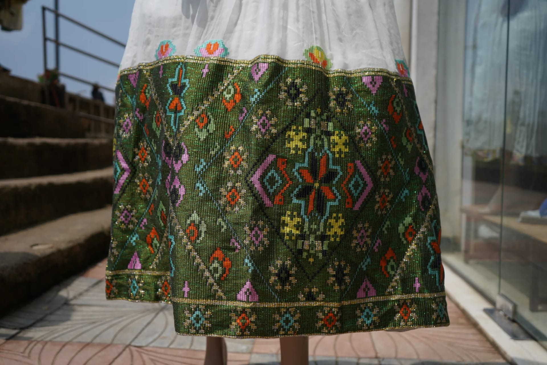 Traditional White Habesha Kemis with Gold Embroidery, Detail — Tesfu Tibeb