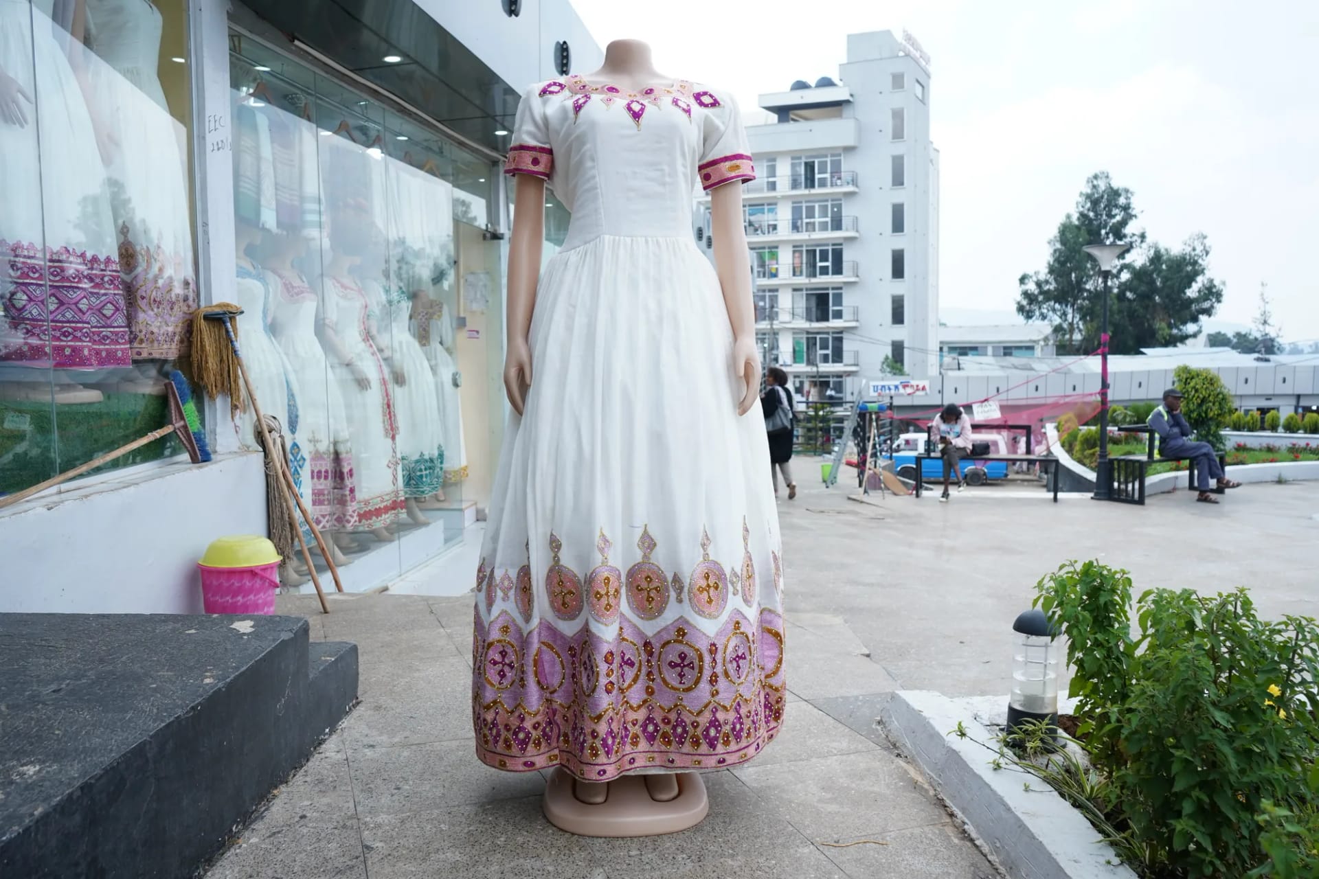 Handcrafted Bridal Habesha Kemis with Velvet Accents, Front — Tsion Habesha