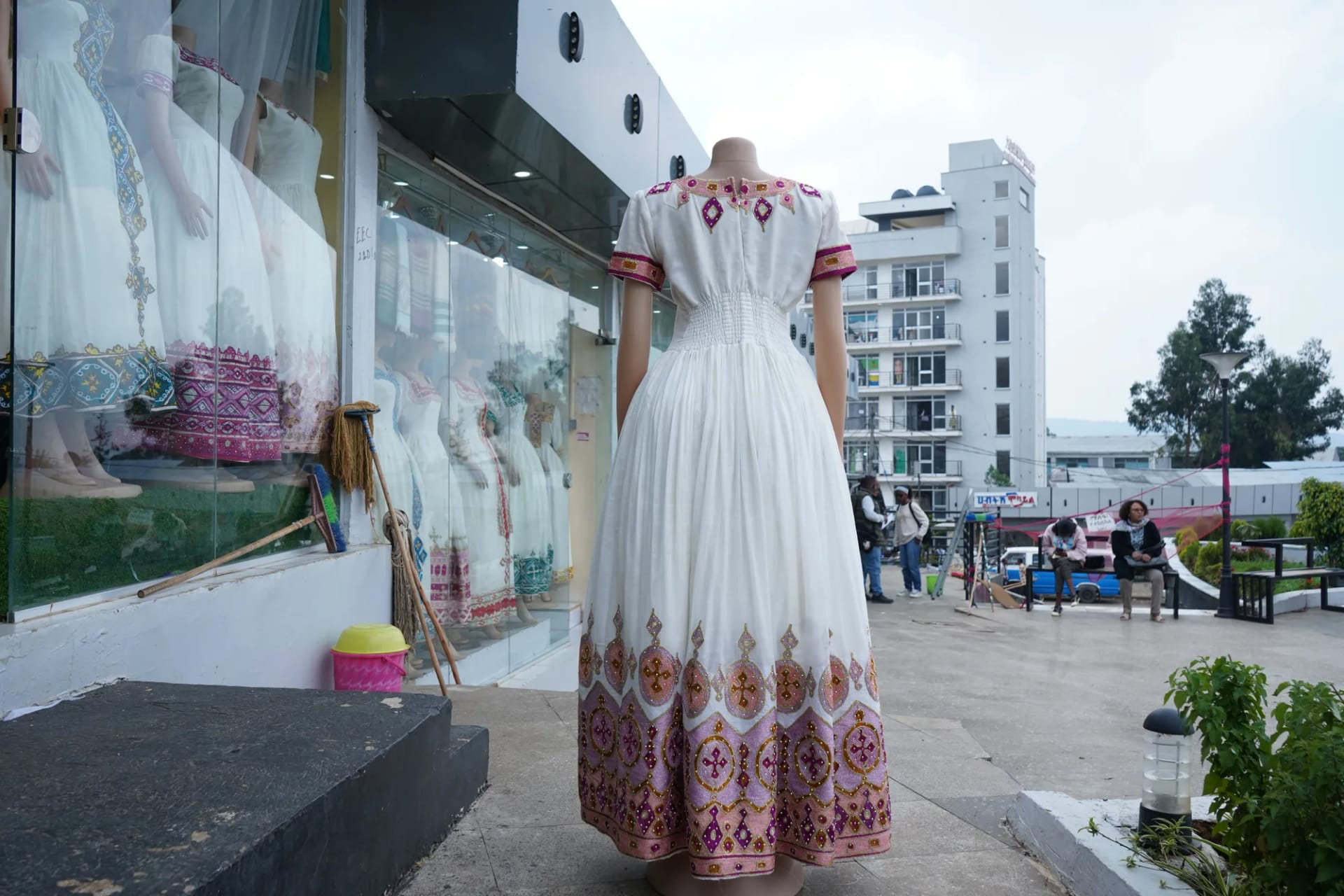 Handcrafted Bridal Habesha Kemis with Velvet Accents, Back — Tsion Habesha