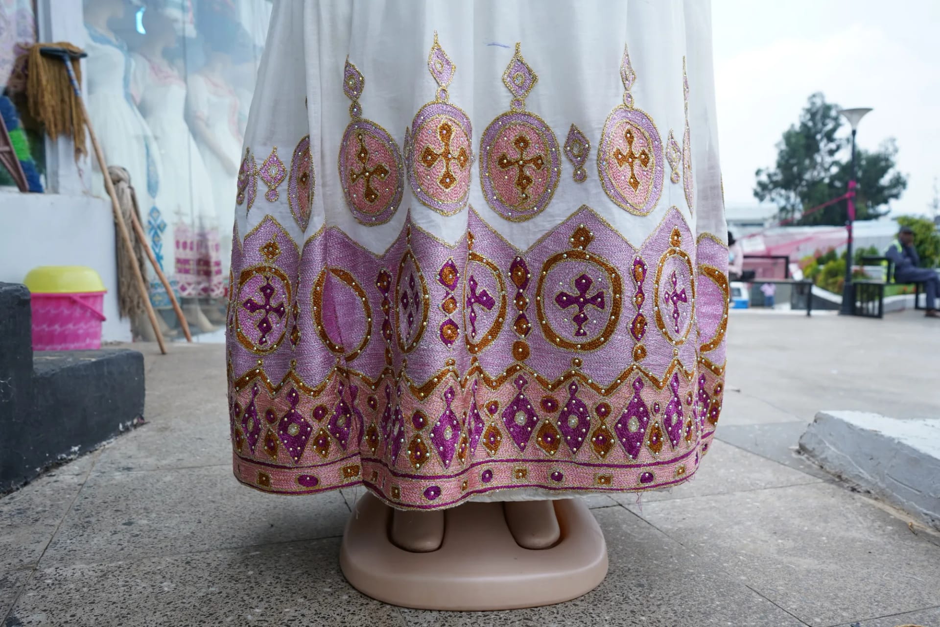 Handcrafted Bridal Habesha Kemis with Velvet Accents, Detail — Tsion Habesha