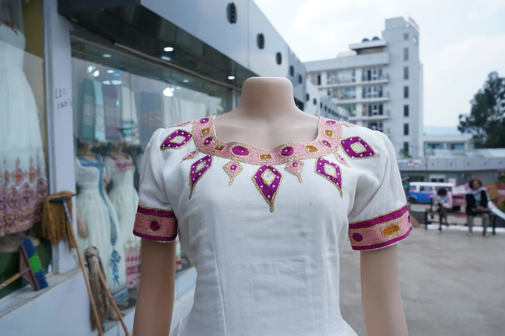 Handcrafted Bridal Habesha Kemis with Velvet Accents, Worn — Tsion Habesha