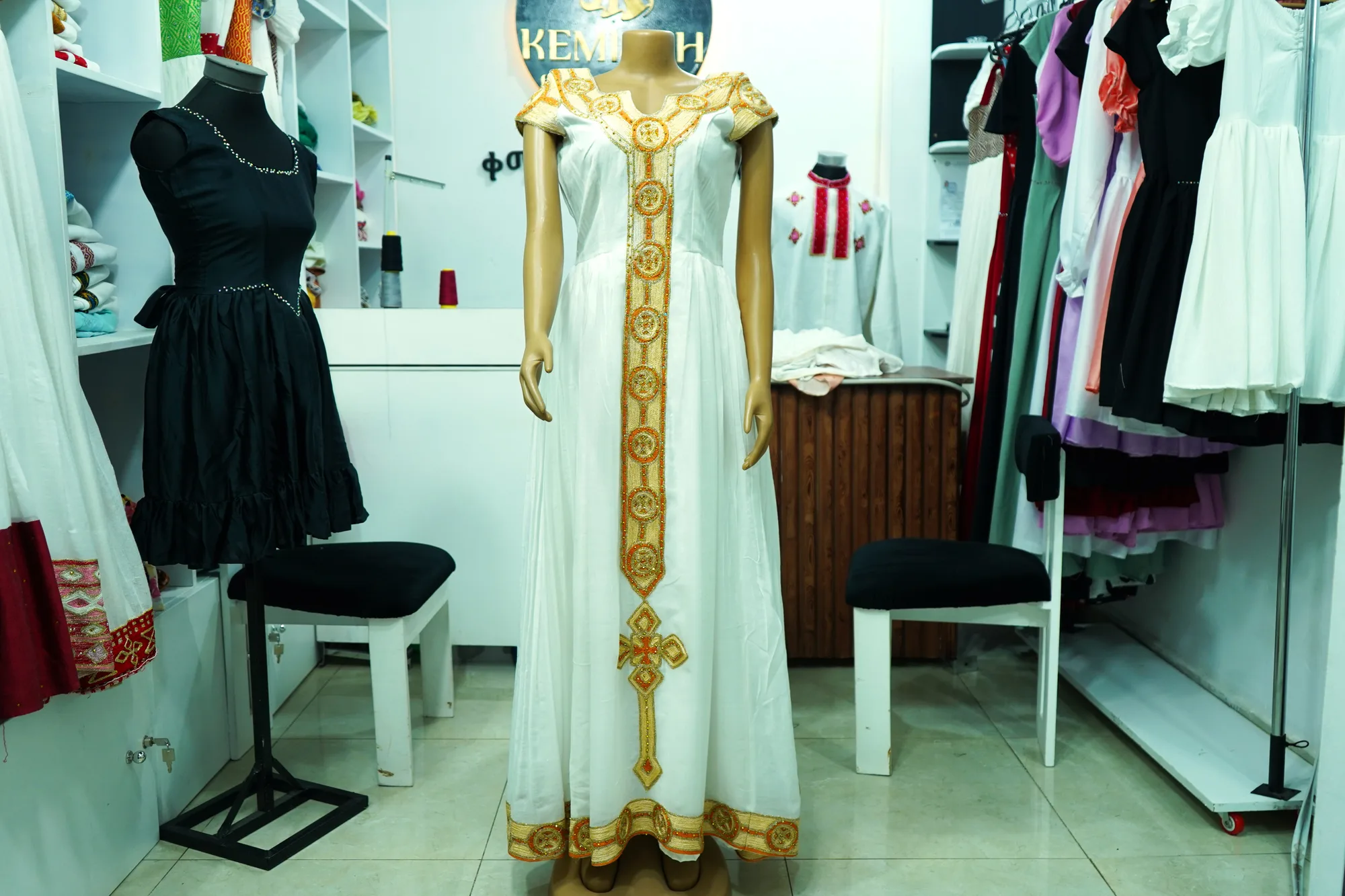 Designer Chiffon Habesha Kemis with Floral Tibeb, Front — Kemmish Design