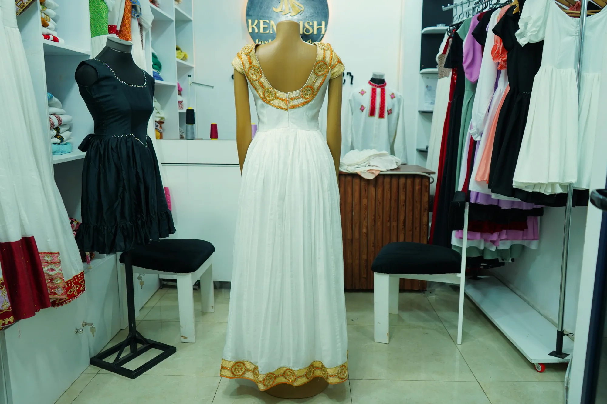 Designer Chiffon Habesha Kemis with Floral Tibeb, Back — Kemmish Design