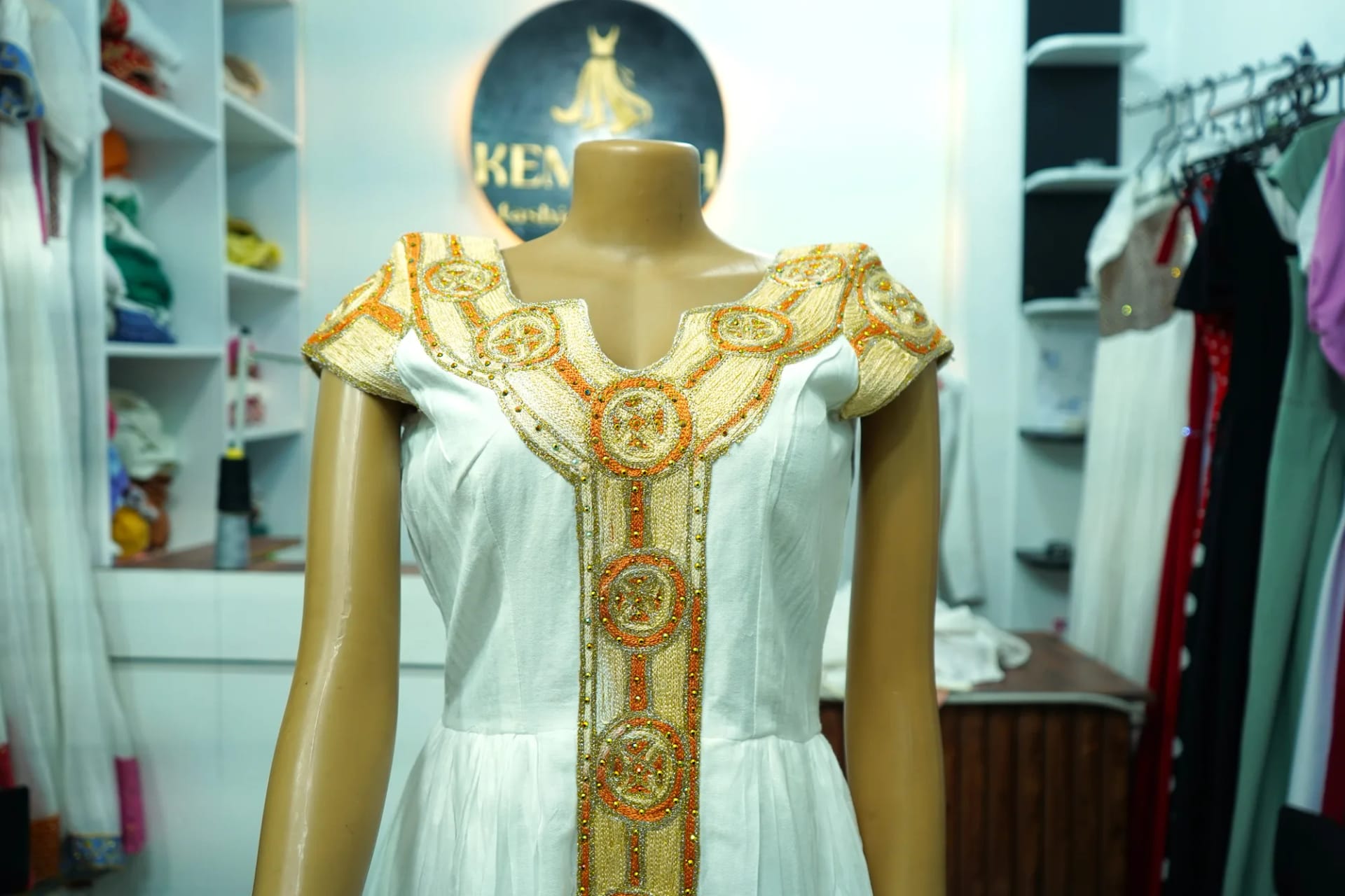 Designer Chiffon Habesha Kemis with Floral Tibeb, Detail — Kemmish Design