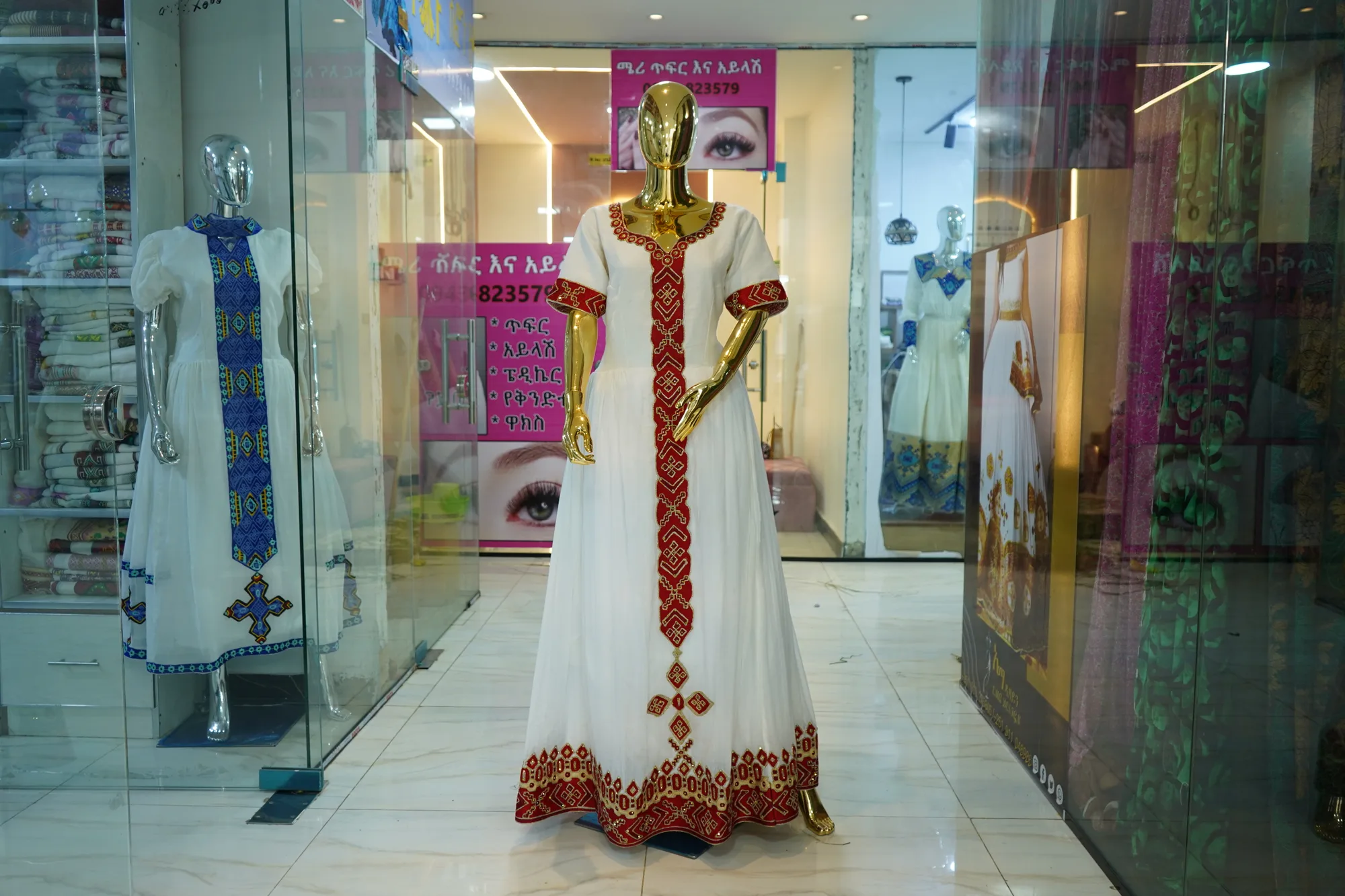 Traditional Ethiopian Cotton Kemis with Cross Motifs, Habesha Kemis — Wesen Tibeb