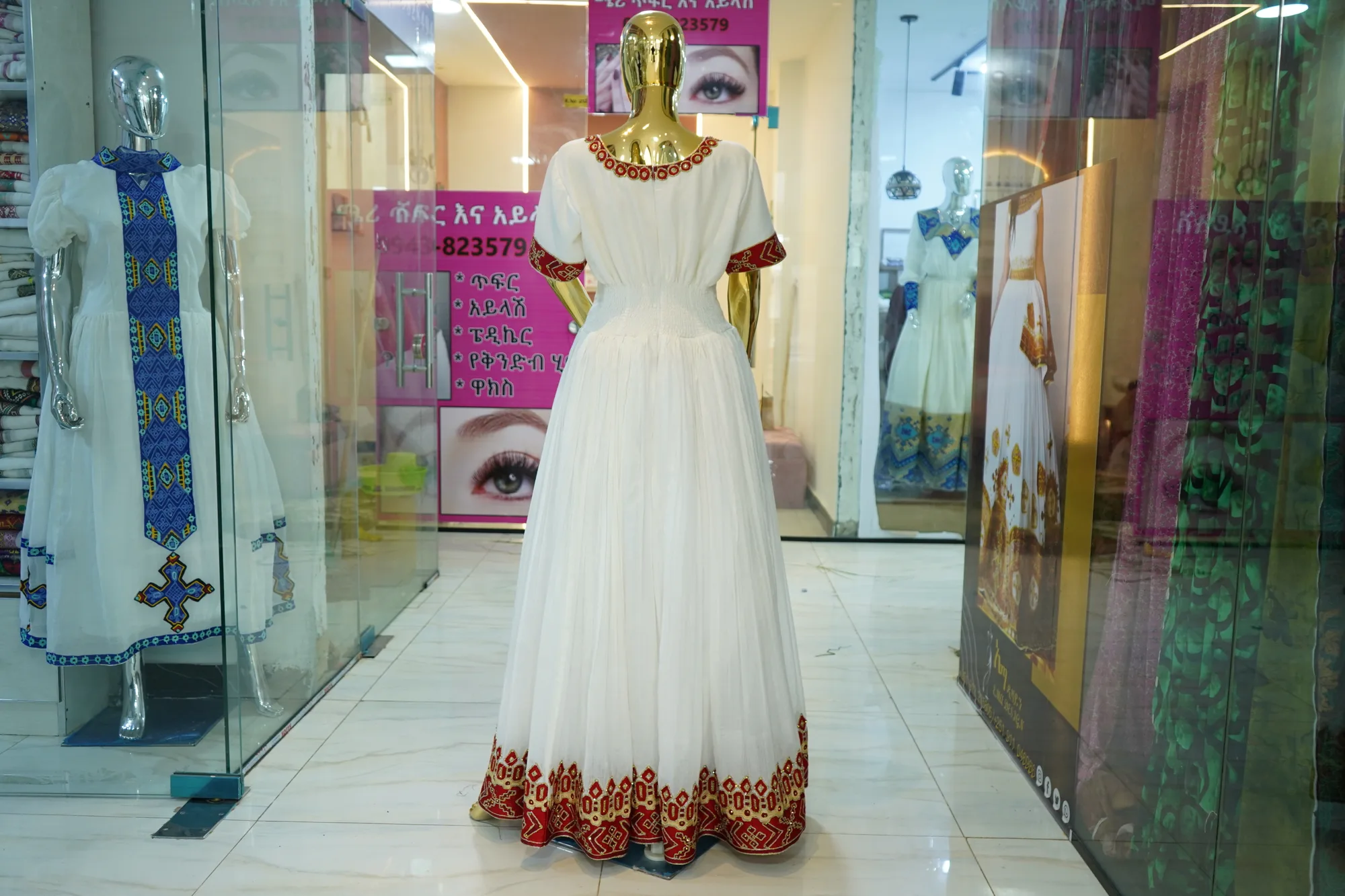 Traditional Ethiopian Cotton Kemis with Cross Motifs, Habesha Kemis, Back — Wesen Tibeb