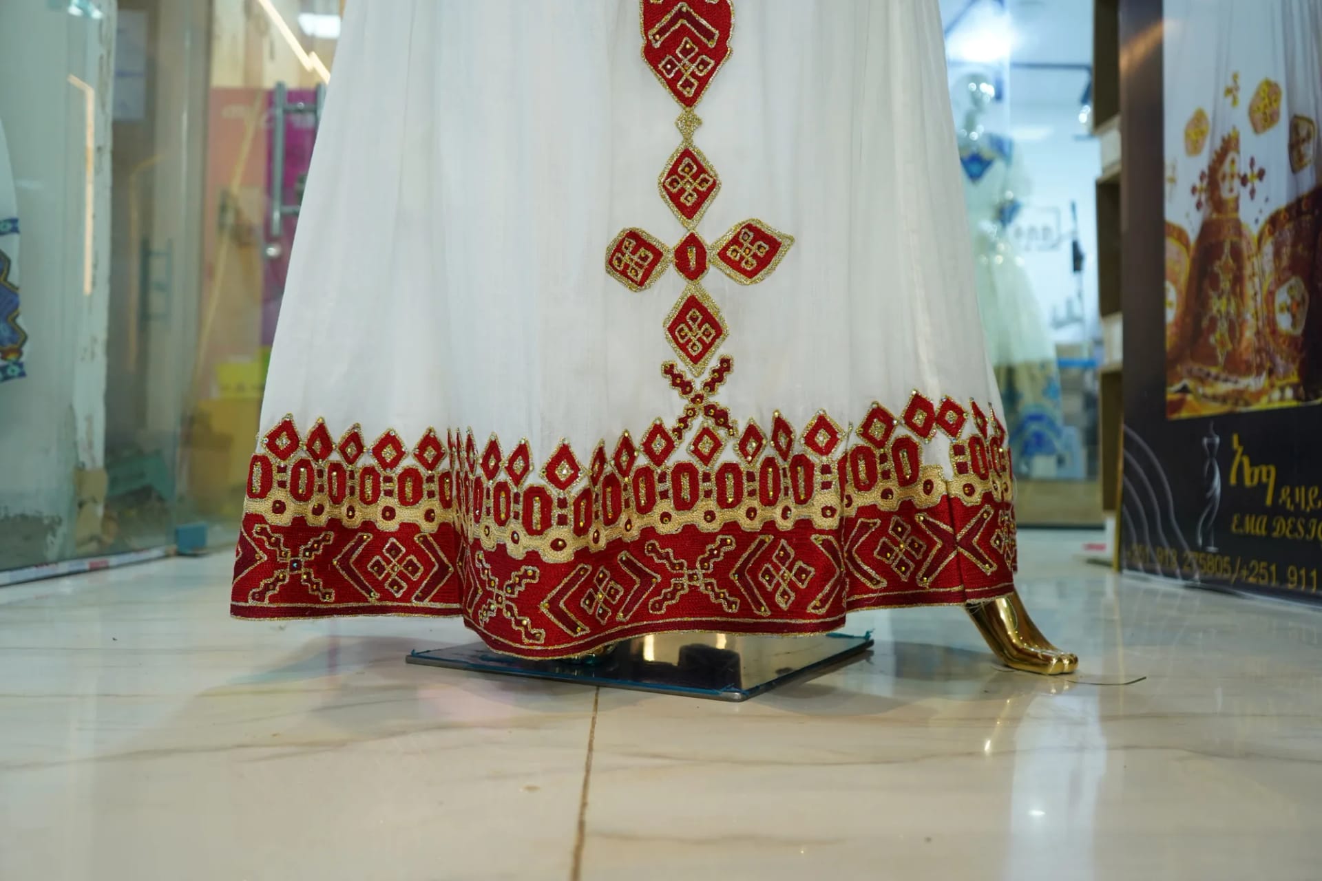 Traditional Ethiopian Cotton Kemis with Cross Motifs, Habesha Kemis, Detail — Wesen Tibeb