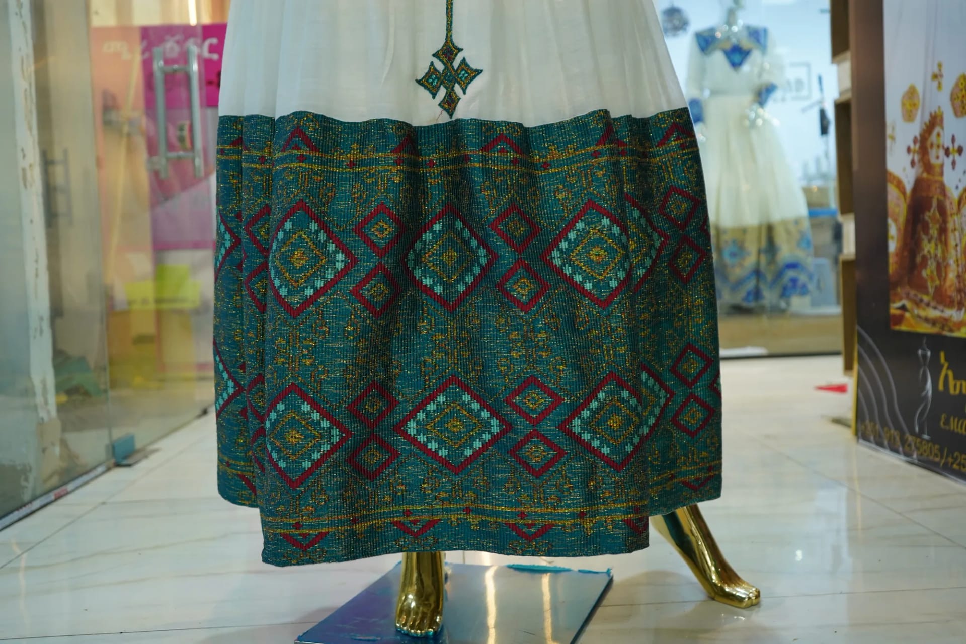 Elegant White Bridal Habesha Kemis, Detail — Blen Habesha