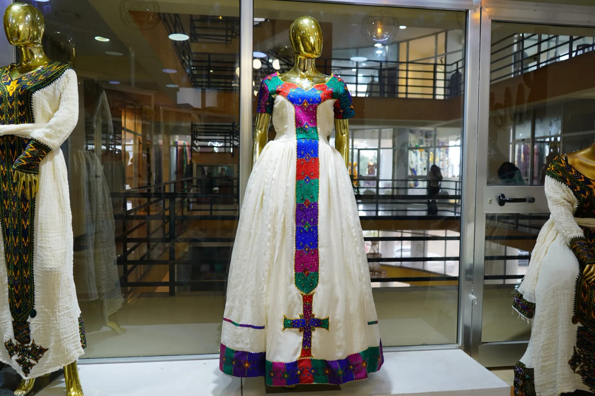 Elegant Wedding Habesha Kemis with Gold Tibeb, menen, saba, fetil fabric, Front — Yemaki Tibeb