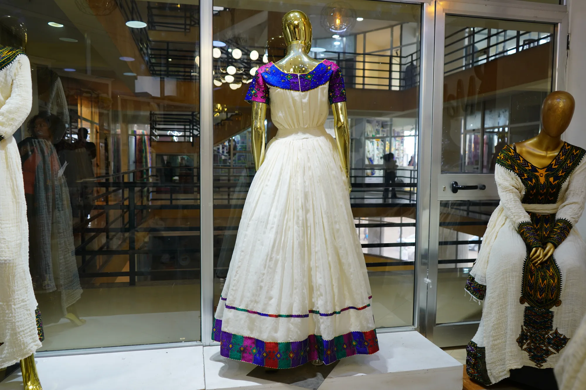 Elegant Wedding Habesha Kemis with Gold Tibeb, menen, saba, fetil fabric, Back — Yemaki Tibeb