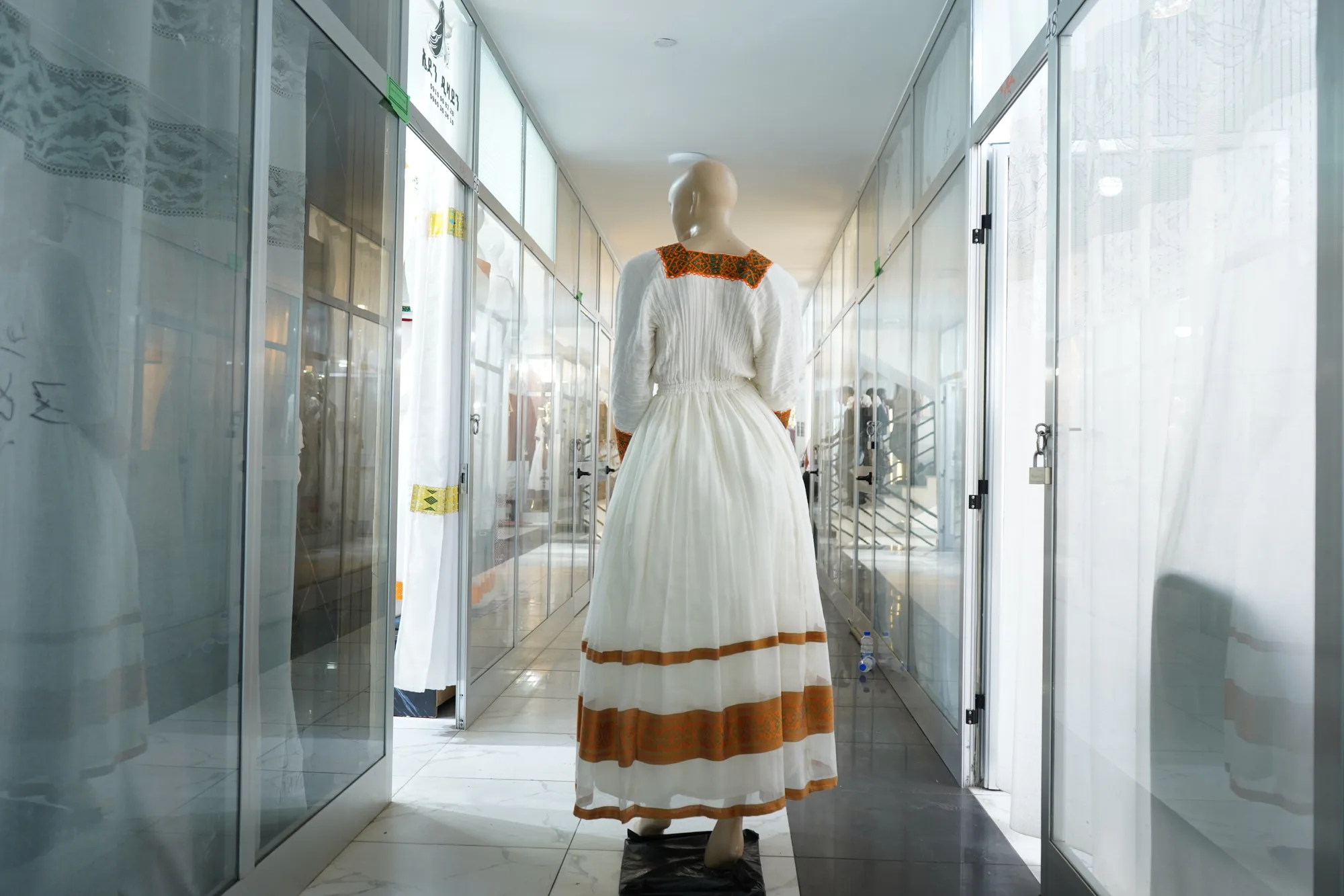 Traditional Ethiopian Tibeb Kemis, Mens T shirt, and Netela, Habesha Kemis, Menen and saba kir fabric, Back — Nigest Saba Tibeb