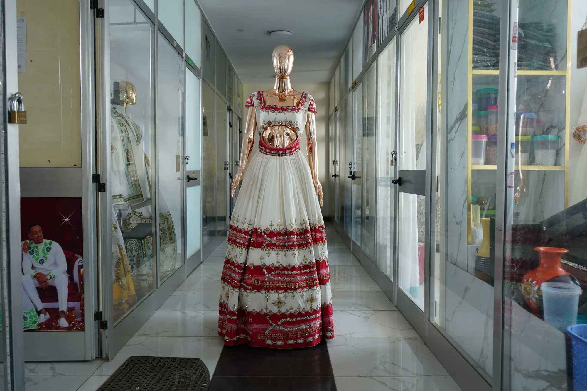 Habeshan Weeding Tibeb Kemis with men shirt, Habesha Kemis, Menen, Saba fabric, Front — Neba Design