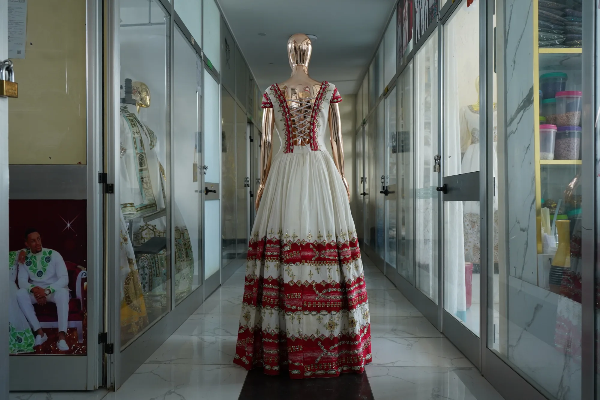 Habeshan Weeding Tibeb Kemis with men shirt, Habesha Kemis, Menen, Saba fabric, Back — Neba Design
