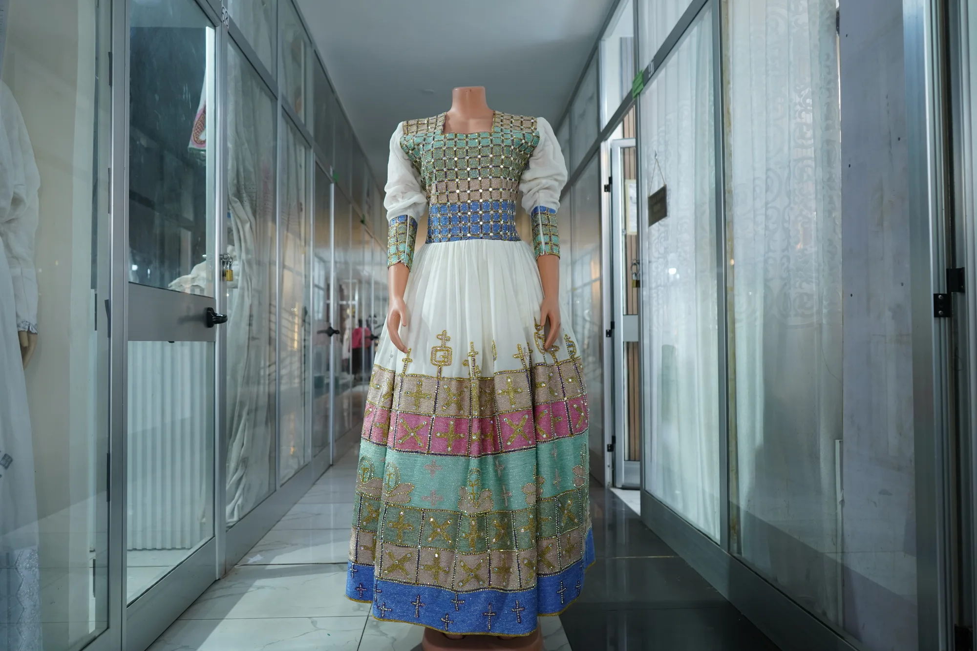 Elegant Axum Heritage Habesha Dress, Habesha Kemis, Menen, saba kir fabric, Front — Guta Design