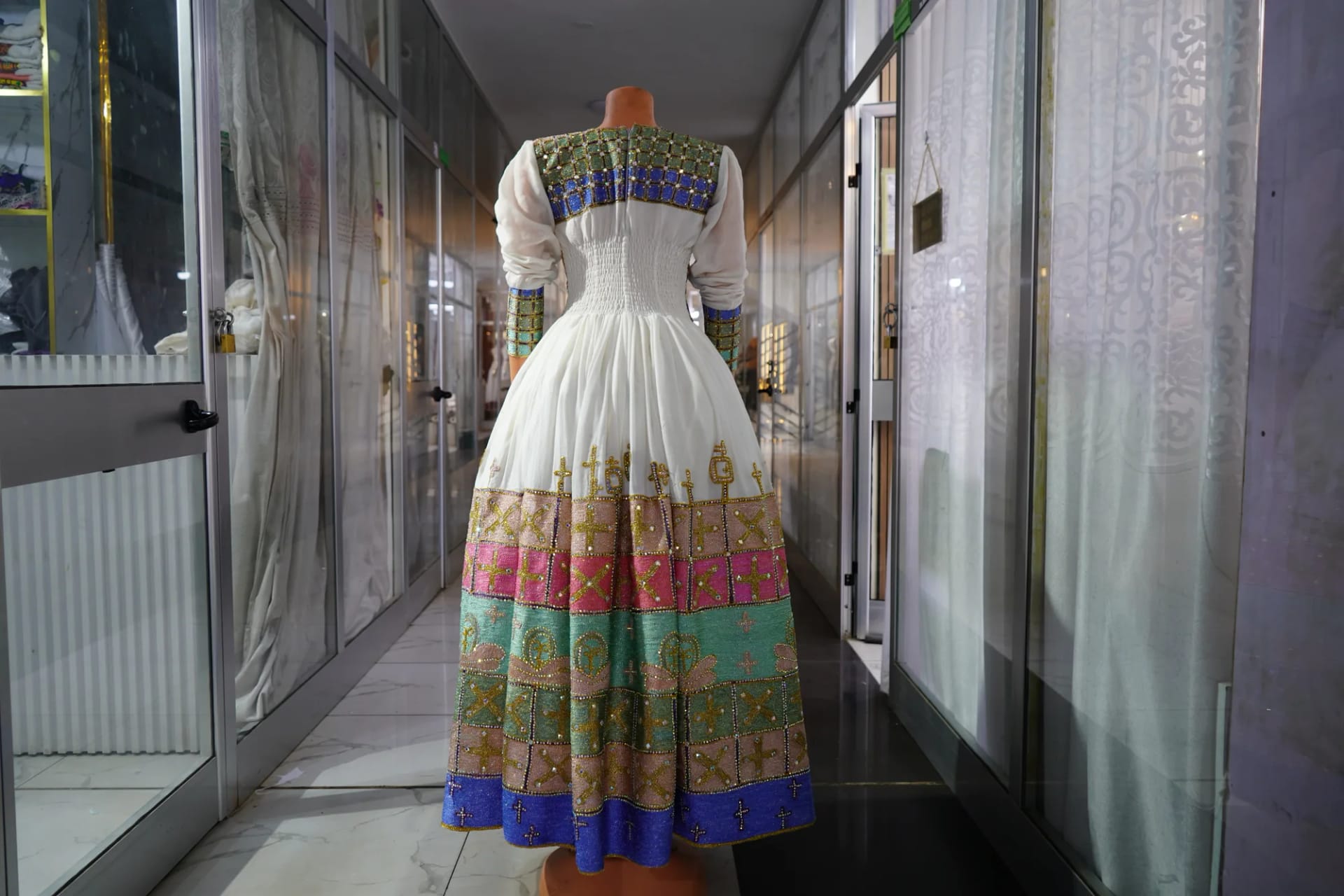 Elegant Axum Heritage Habesha Dress, Habesha Kemis, Menen, saba kir fabric, Back — Guta Design