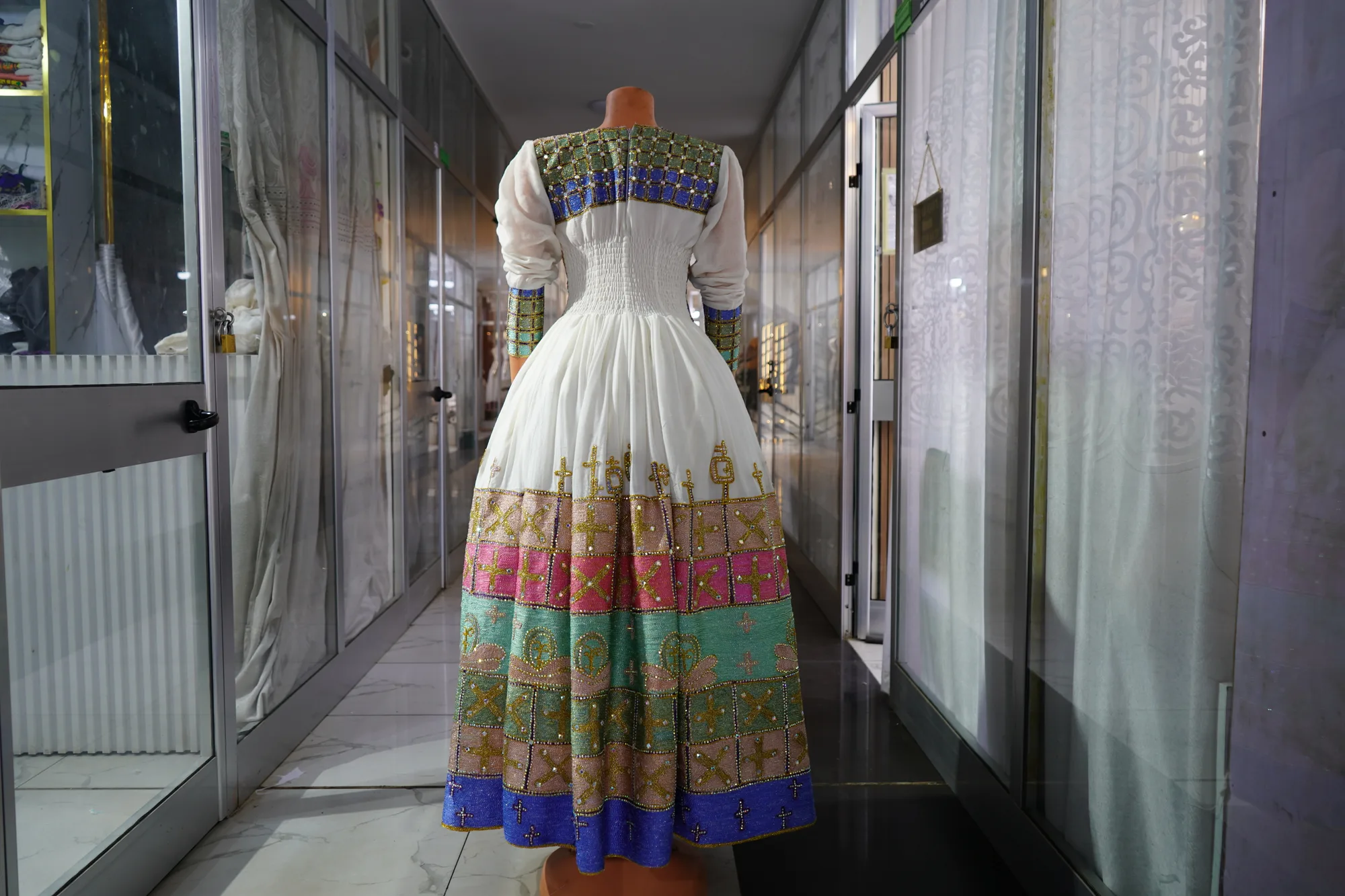 Elegant Axum Heritage Habesha Dress, Habesha Kemis, Menen, saba kir fabric, Back — Guta Design