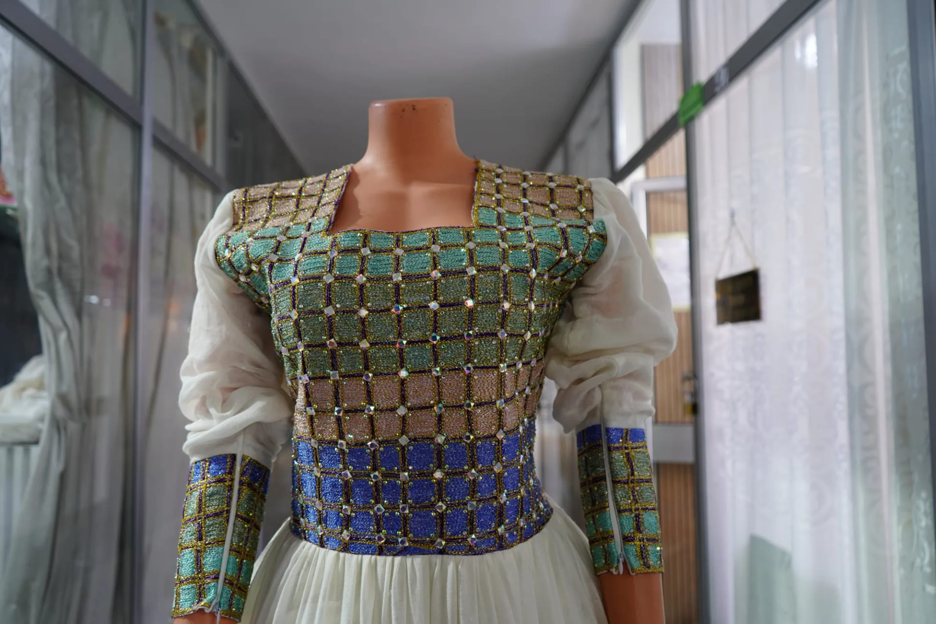 Elegant Axum Heritage Habesha Dress, Habesha Kemis, Menen, saba kir fabric, Detail — Guta Design