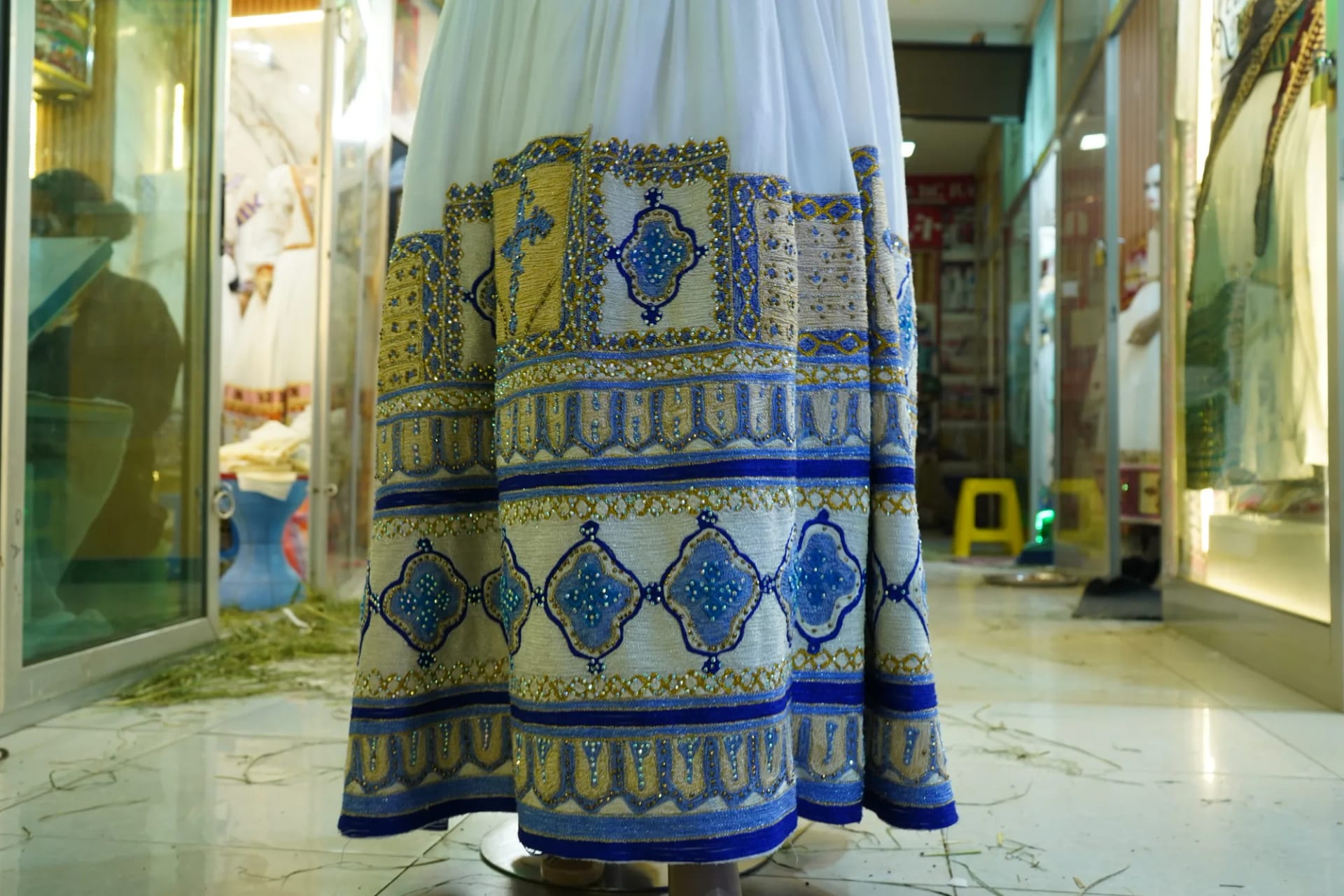 Handmade weeding Tibeb Kemis, Mens T-shirt paired with Pant, Habesha Kemis, Menen, Saba fabric, Detail — Nuru Tibeb