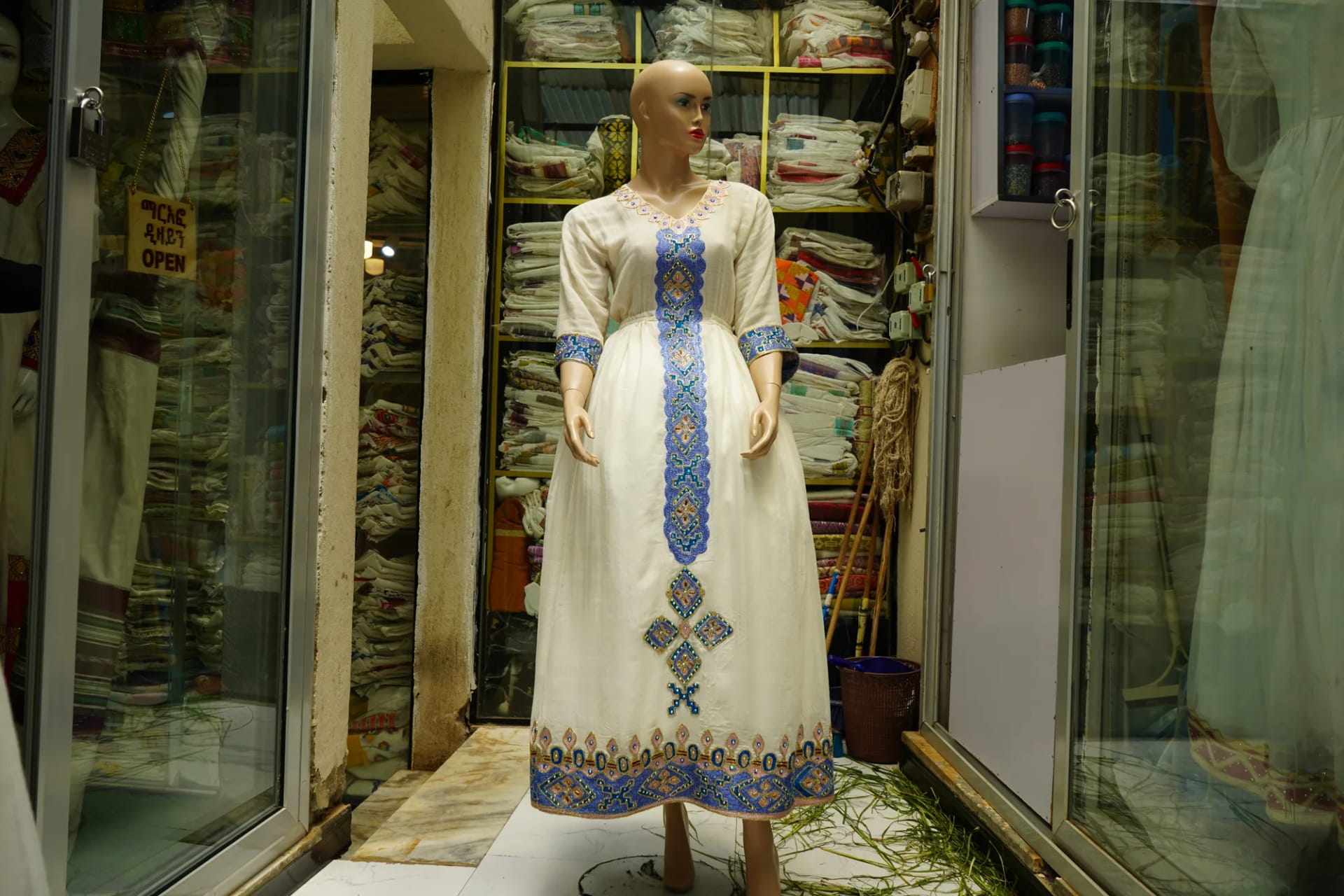 Contemporary Ethiopian Fashion Dress, Habesha Kemis, Menen, Saba, Werkzeb fabric, Front — Marafo Design