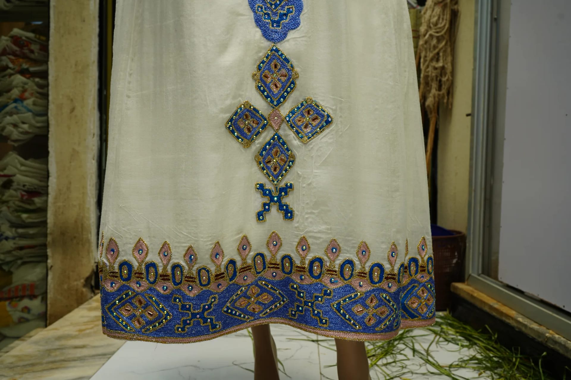 Contemporary Ethiopian Fashion Dress, Habesha Kemis, Menen, Saba, Werkzeb fabric, Back — Marafo Design