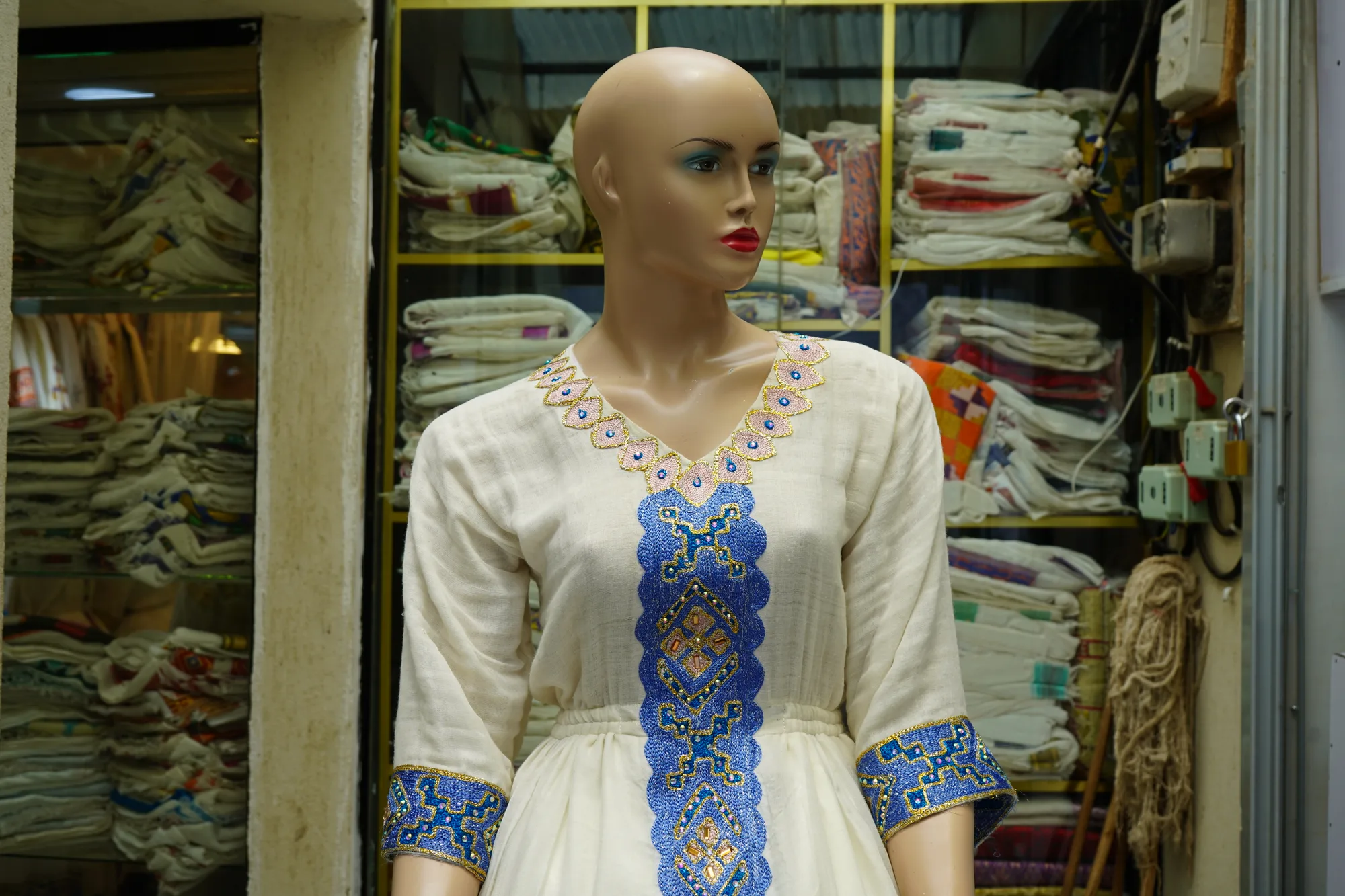 Contemporary Ethiopian Fashion Dress, Habesha Kemis, Menen, Saba, Werkzeb fabric, Detail — Marafo Design