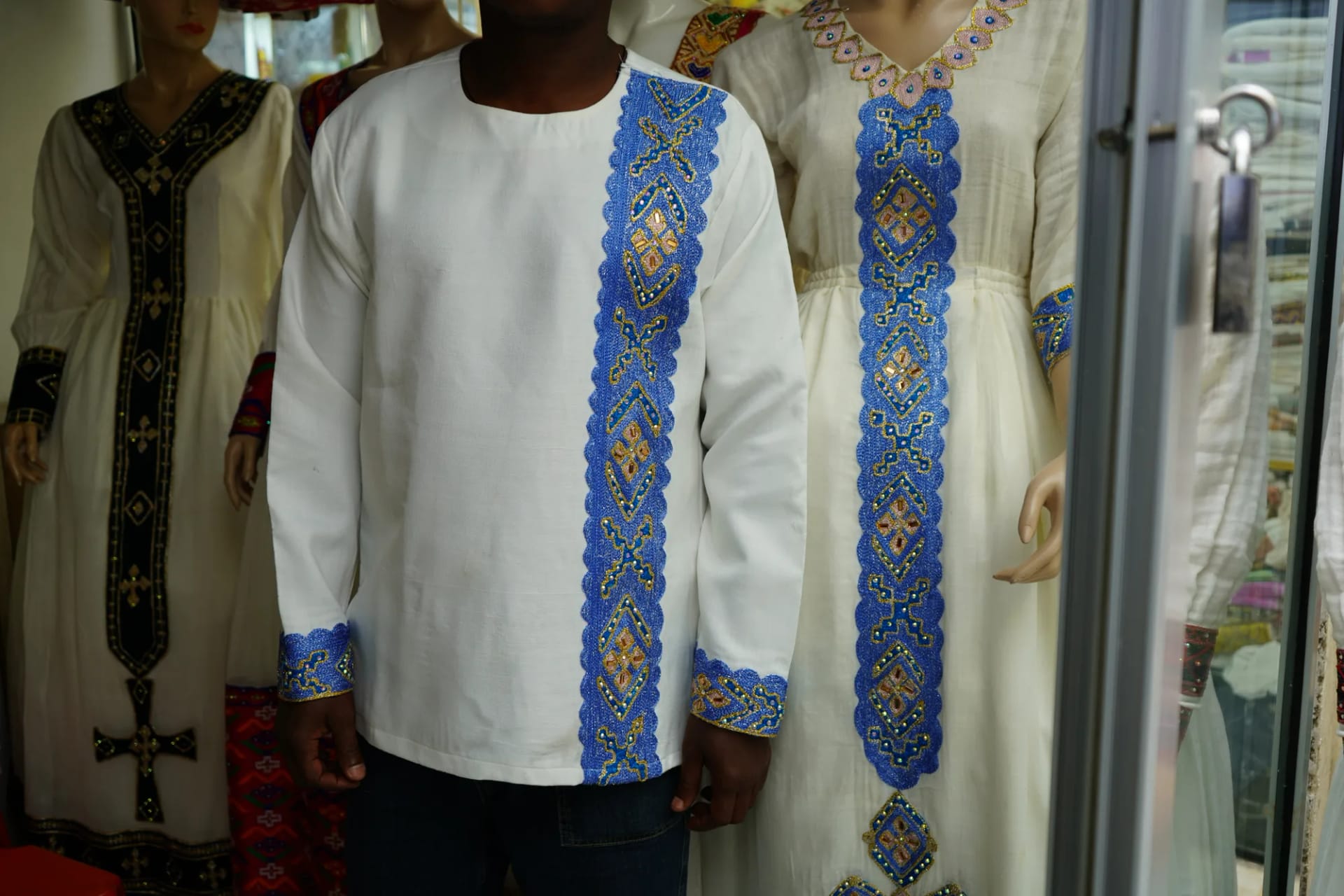 Contemporary Ethiopian Fashion Dress, Habesha Kemis, Menen, Saba, Werkzeb fabric, Worn — Marafo Design