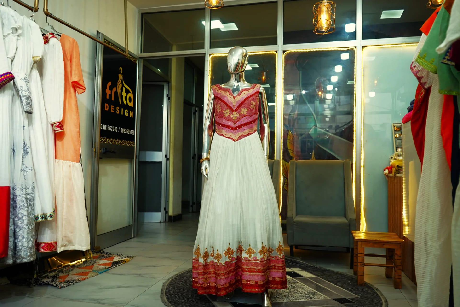 Luxury Handwoven Ethiopian Bridal Dress, Habesha Kemis, Menen, Saba, Werkzeb fabric, Front — Freta Design