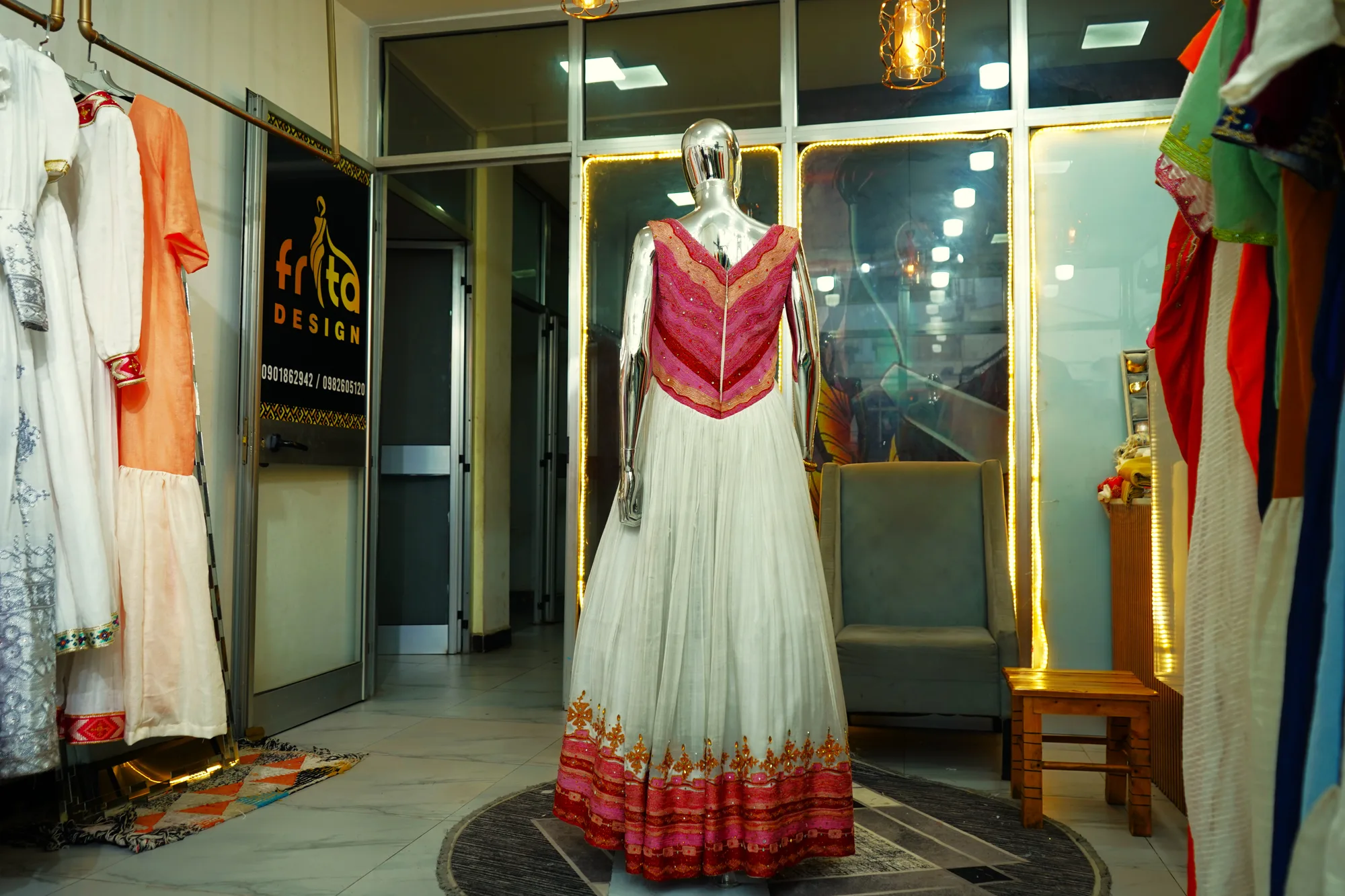Luxury Handwoven Ethiopian Bridal Dress, Habesha Kemis, Menen, Saba, Werkzeb fabric, Back — Freta Design