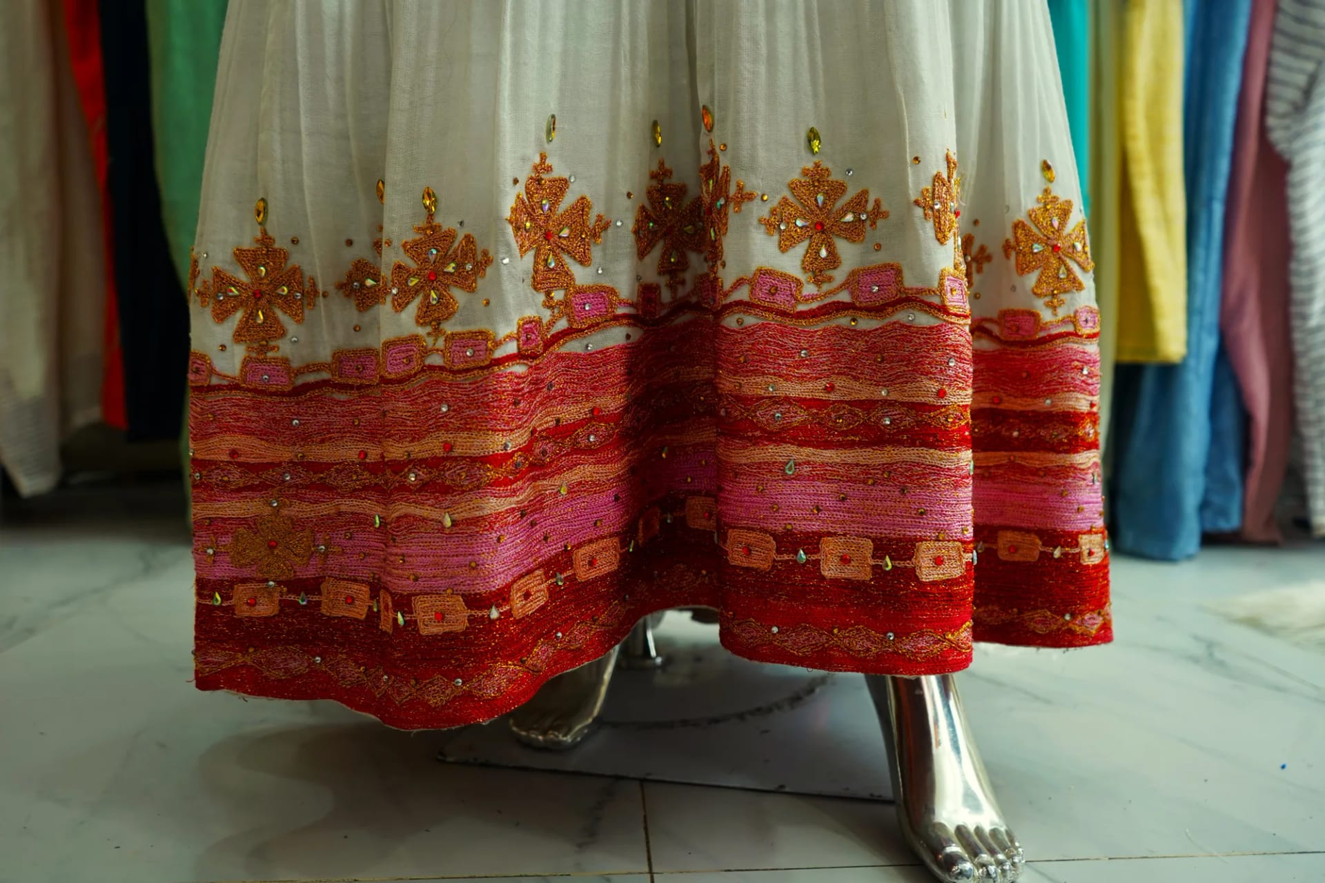 Luxury Handwoven Ethiopian Bridal Dress, Habesha Kemis, Menen, Saba, Werkzeb fabric, Detail — Freta Design