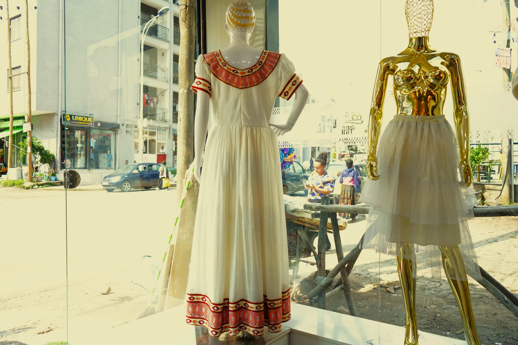 Handwoven Ethiopian Wedding Habesha Kemis with Silver Tibeb, Menen, Saba, Werkzeb fabric, Back — Ende Keshi Tibeb