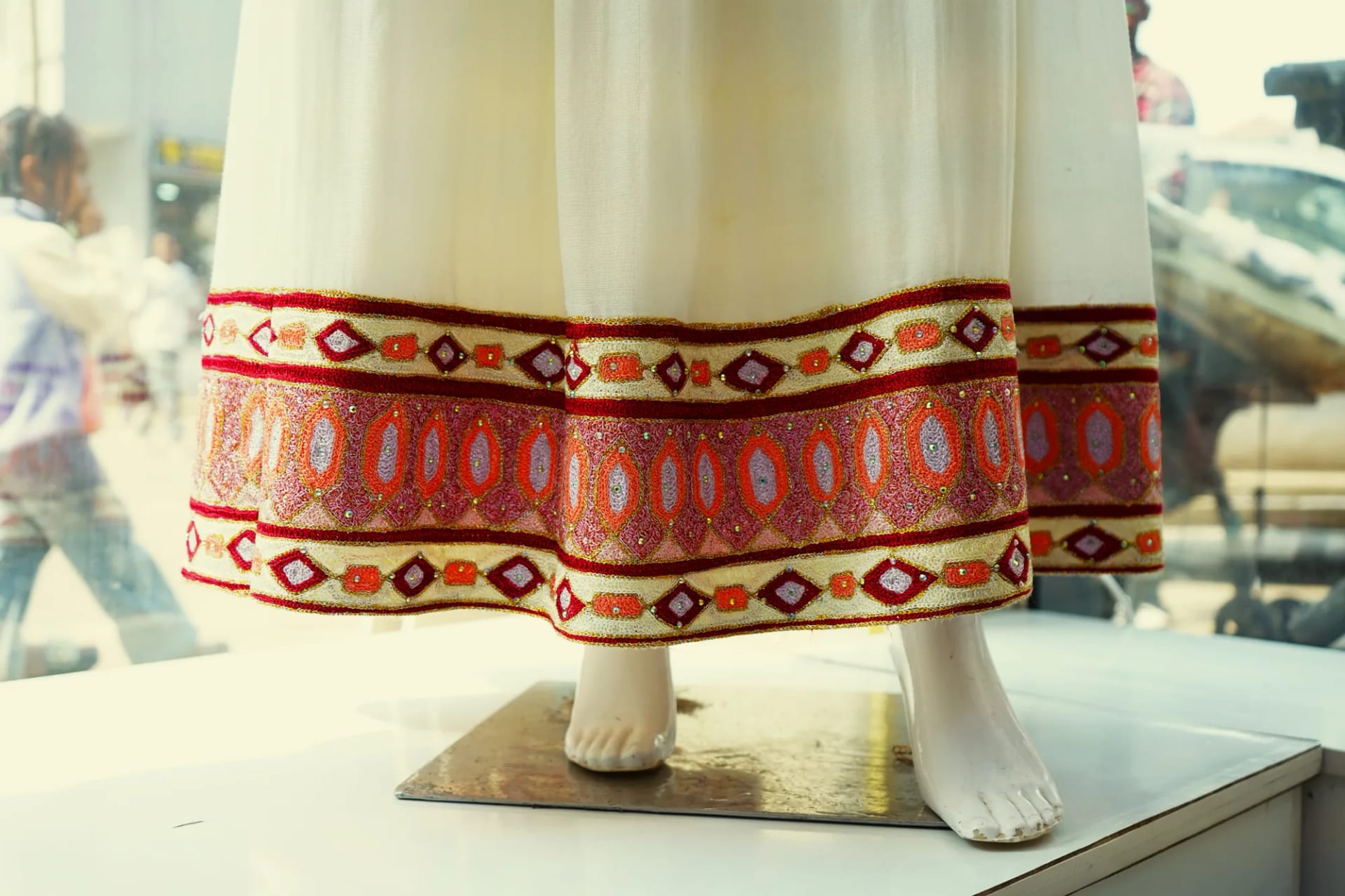 Handwoven Ethiopian Wedding Habesha Kemis with Silver Tibeb, Menen, Saba, Werkzeb fabric, Detail — Ende Keshi Tibeb
