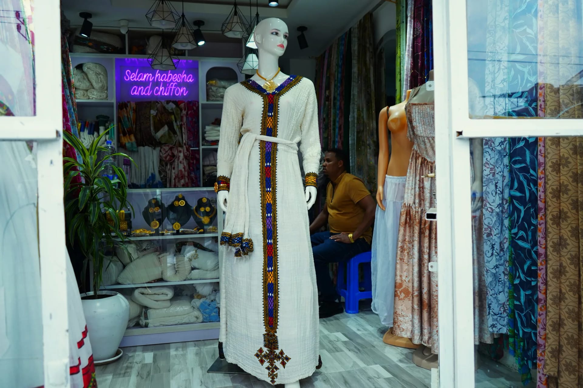 Designer Habesha Bridal Gown with Crystal Embroidery, Habesha Kemis, Menen, Saba, Werkzeb fabric — Selam Habesha and Chiffon