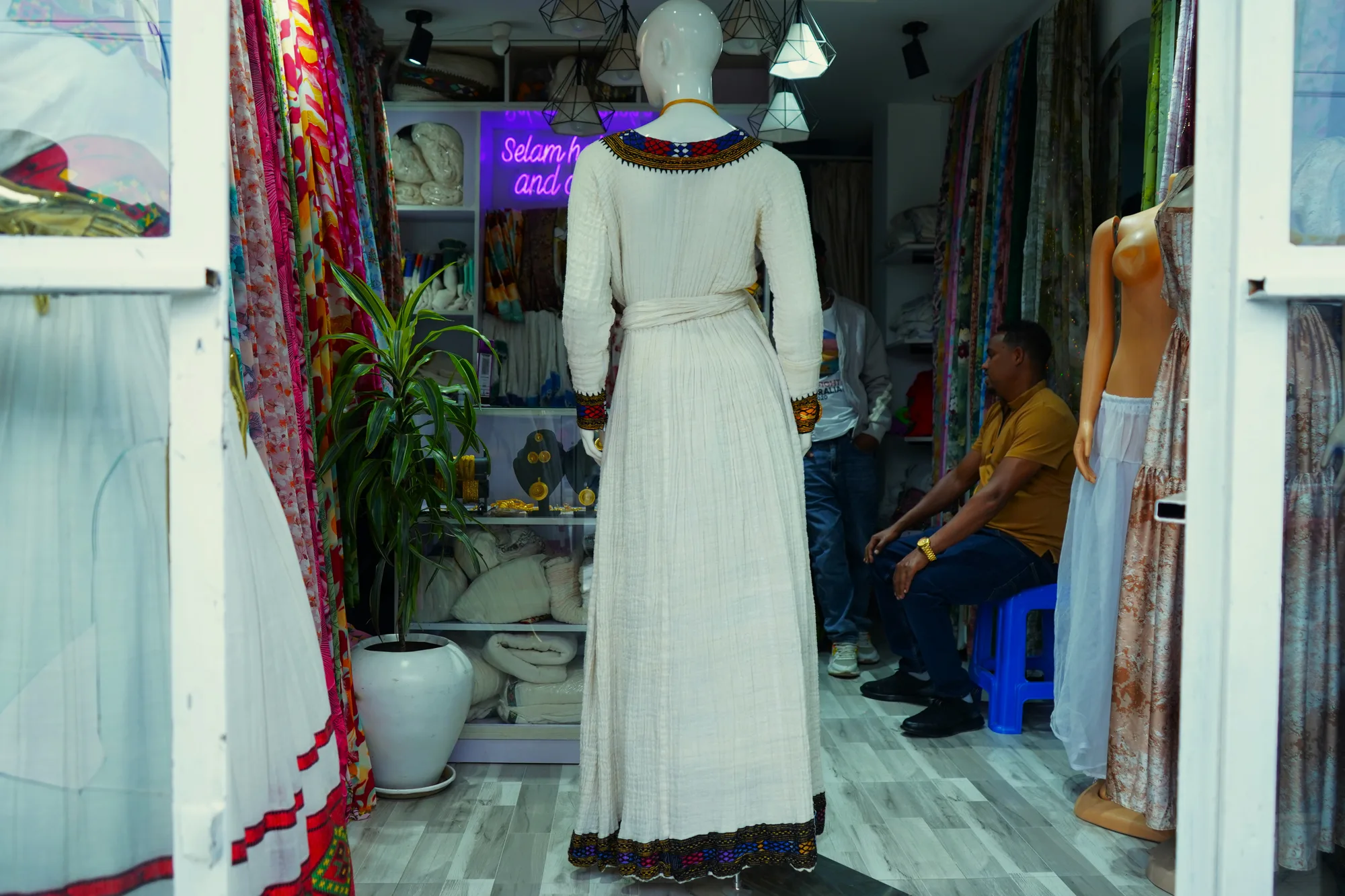 Designer Habesha Bridal Gown with Crystal Embroidery, Habesha Kemis, Menen, Saba, Werkzeb fabric, Back — Selam Habesha and Chiffon