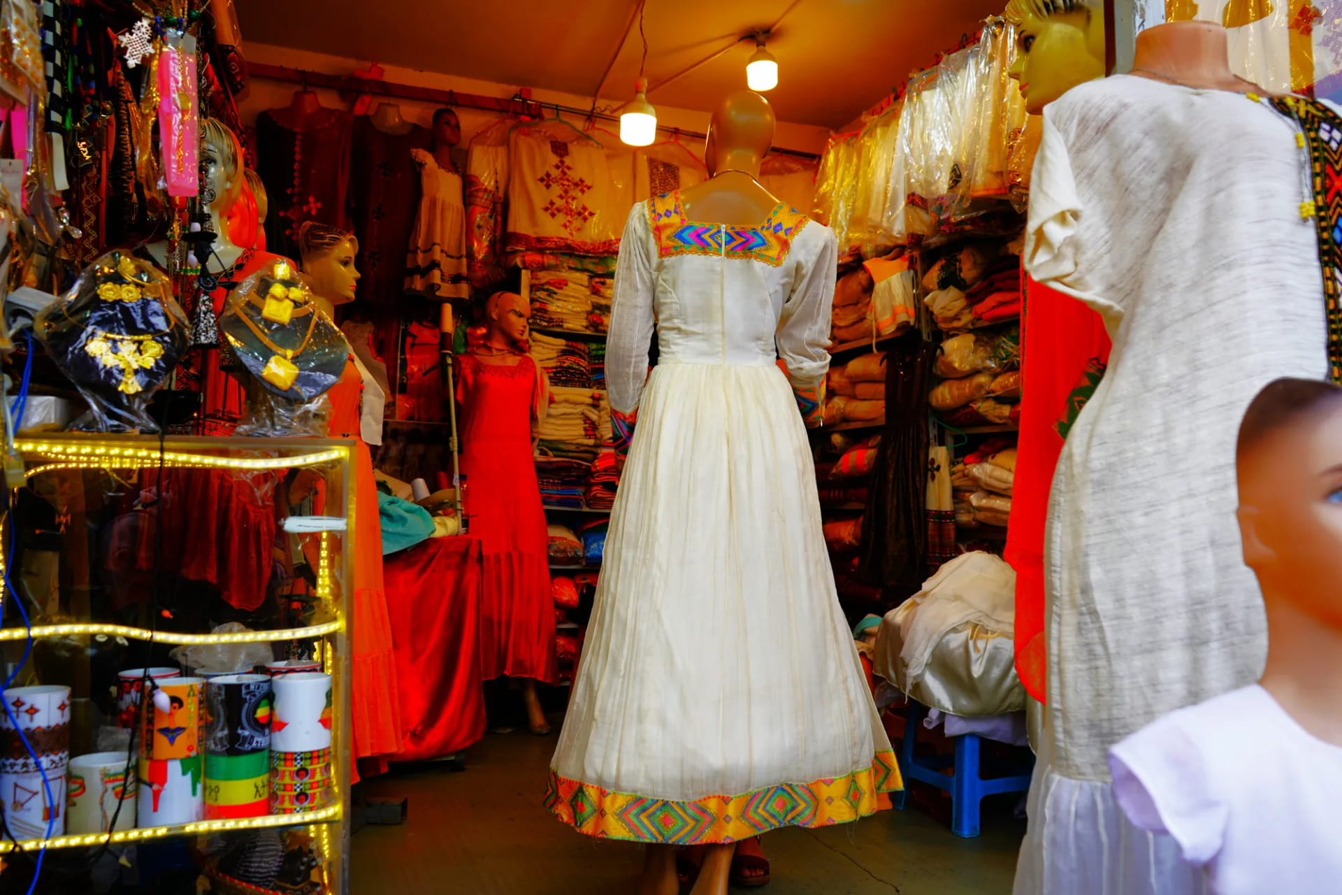 Premium Gojjam Habesha Kemis with Colorful Tibeb, Menen, Saba, Werkzeb fabric, Back — Hareg Design